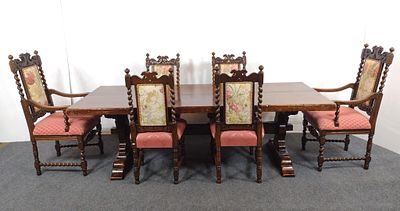 Reproduction Simon Bigart "Louis XIIIth" Dining Room Set. Solid oak. French. Table 96" wide X 