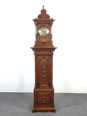 German Renaissance Revival Tall Case Clock. Movement produced by Lenzkirch Uhrenfabrik A.G.U. of 