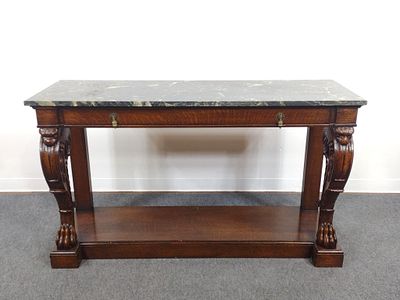 Late 19th Century Regency Console Table. Carved features and marble top. 60-1/4" wide X 20-1/4" 