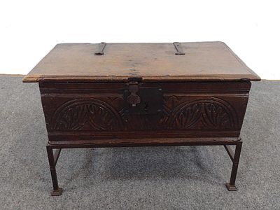 17th Century English Bible Box on Stand. 24-1/2" wide X 14" deep X 16" high. Has wear consistent 
