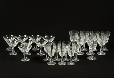 Signed Waterford Glasses. 23 Waterford glasses in Lismore and Kylemore patterns including wine 