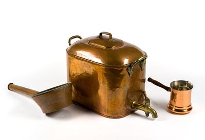 Antique Copper and Brass Incl. Mechan & Sons. Includes funnel scoop or grain measure, hot water 