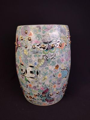 Chinese Famille Rose Garden Stool. Mille Fleurs, Thousand Flowers, pattern. 11-3/4" wide x 