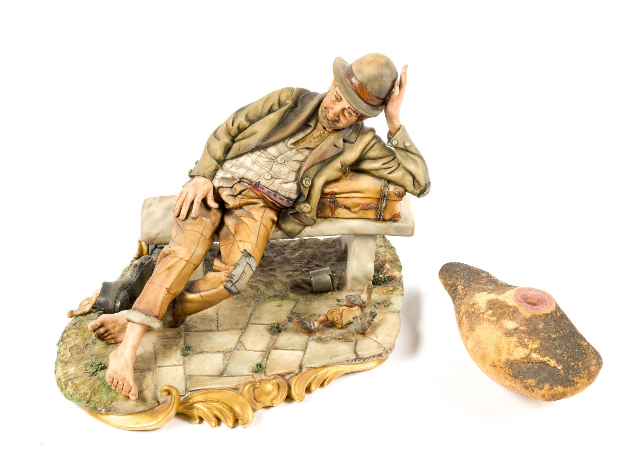 Household Objects Incl. Tramp on Bench Figure