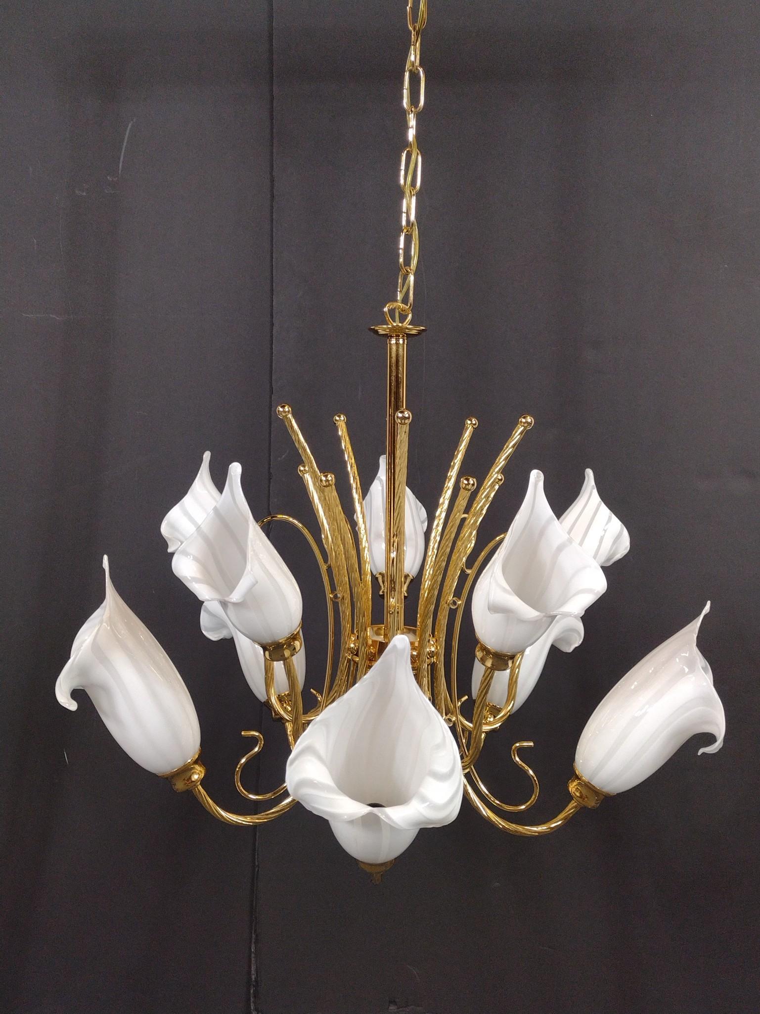 Regency Style Brass and Art Glass Calla Lilies Chandelier