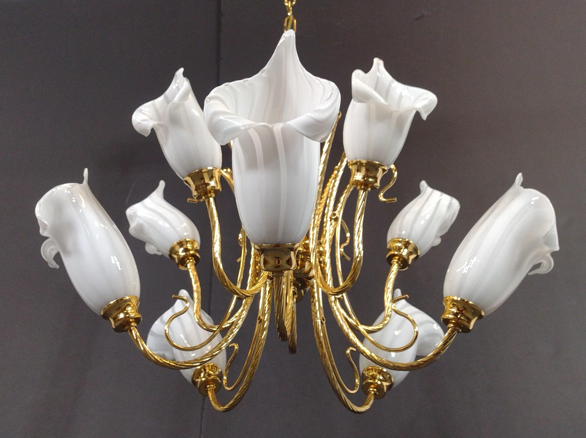Regency Style Brass and Art Glass Calla Lilies Chandelier