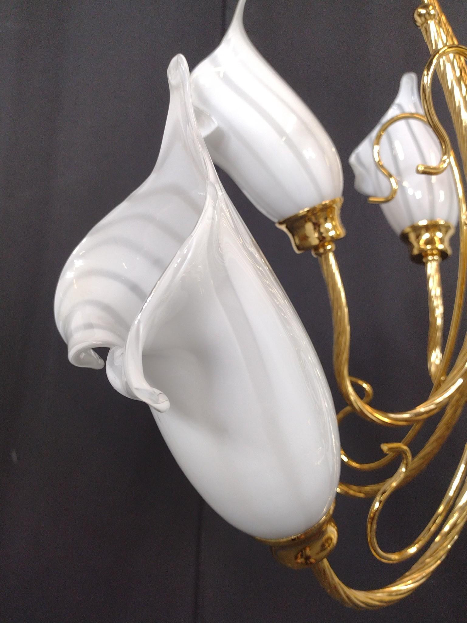 Regency Style Brass and Art Glass Calla Lilies Chandelier
