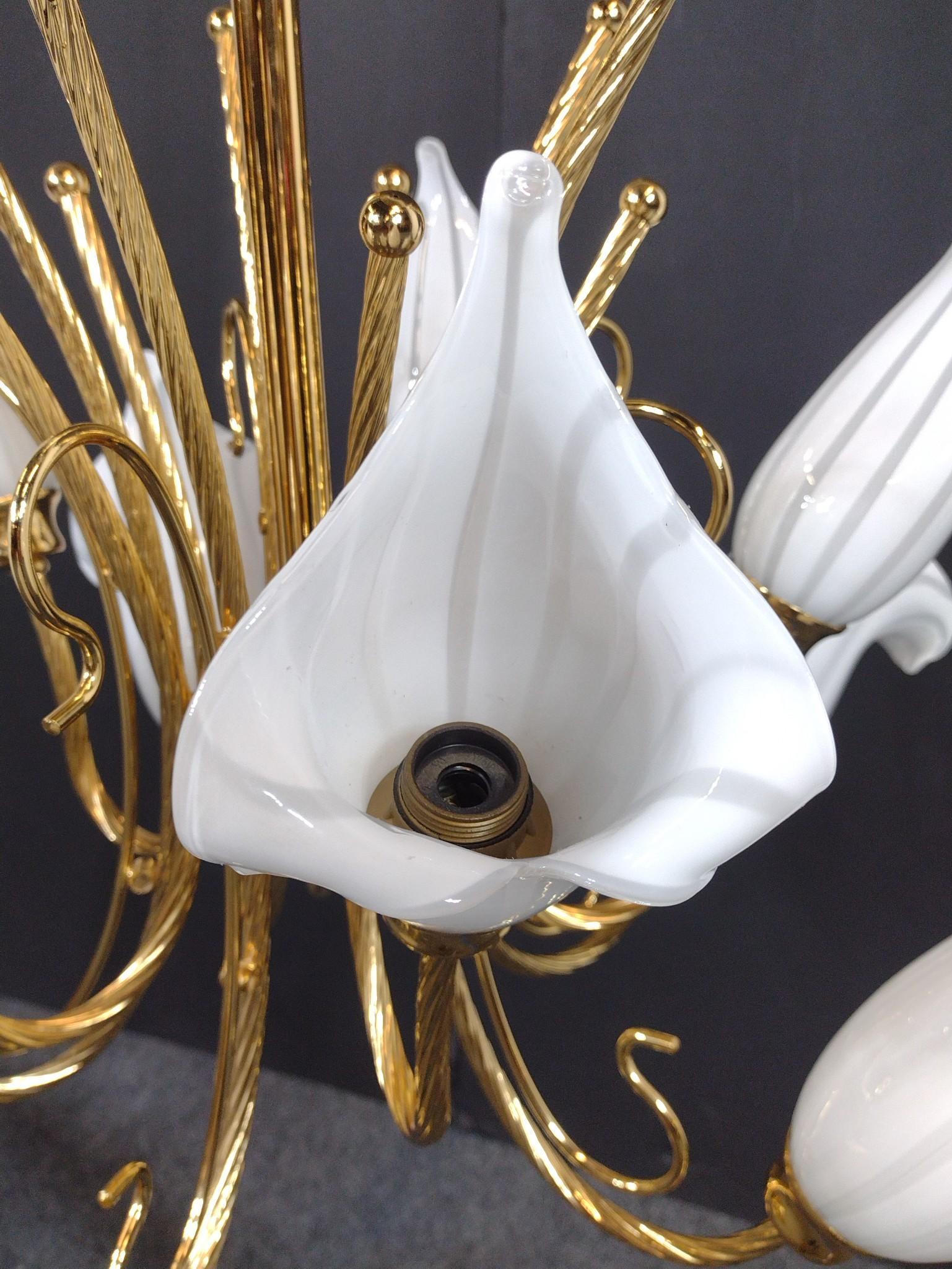 Regency Style Brass and Art Glass Calla Lilies Chandelier