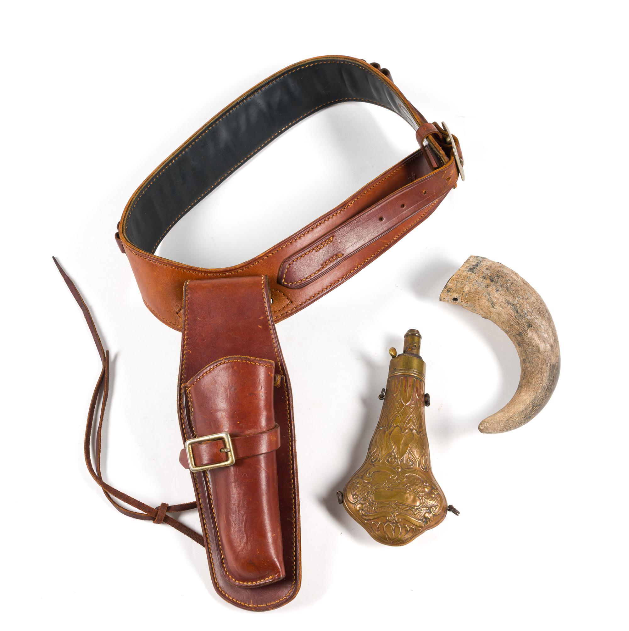 Leather Belt w/ Holster, Powder Horn, and Powder Flask