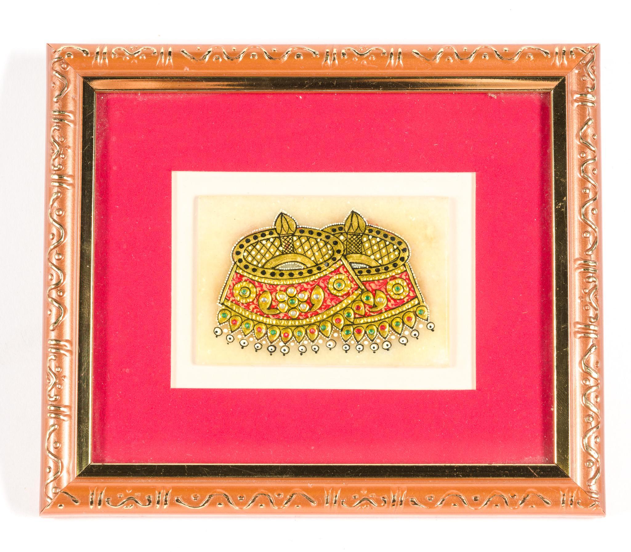 Indian Jaipur Framed Gold Leaf Work on Marble Piece