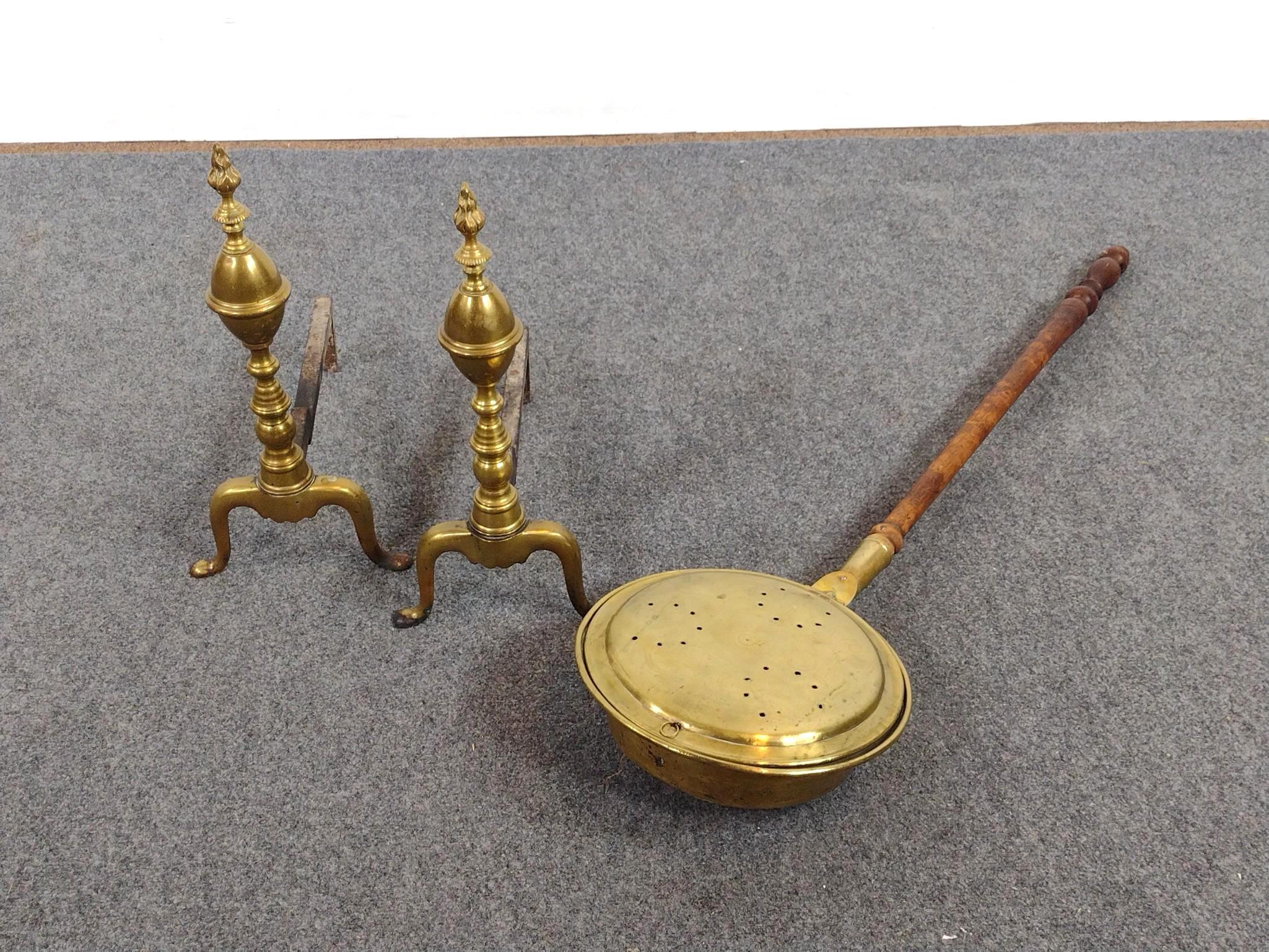 Brass Andirons and Bed Warmer