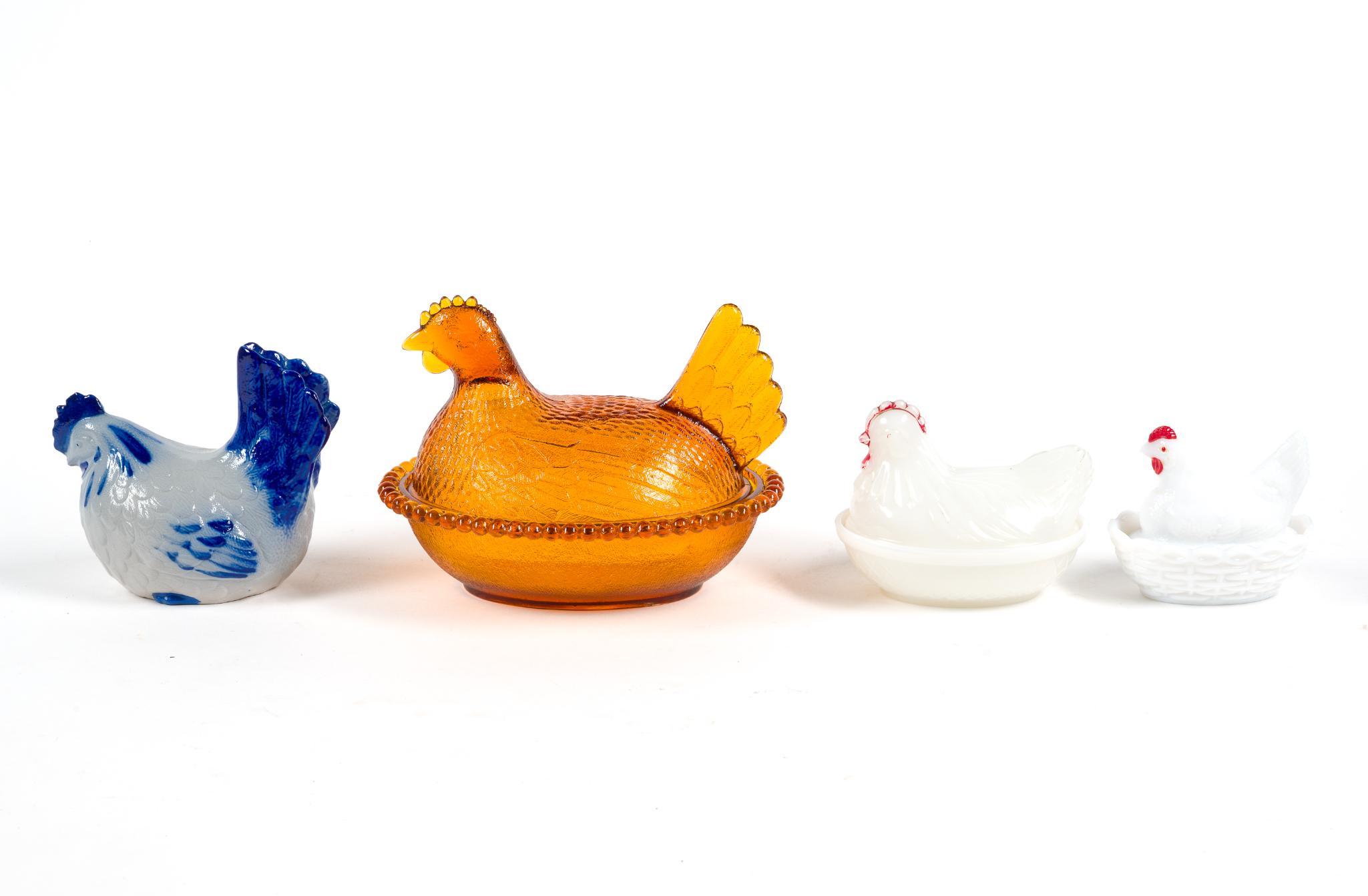 3 Hen-On-Nest & Signed Ceramic Chicken