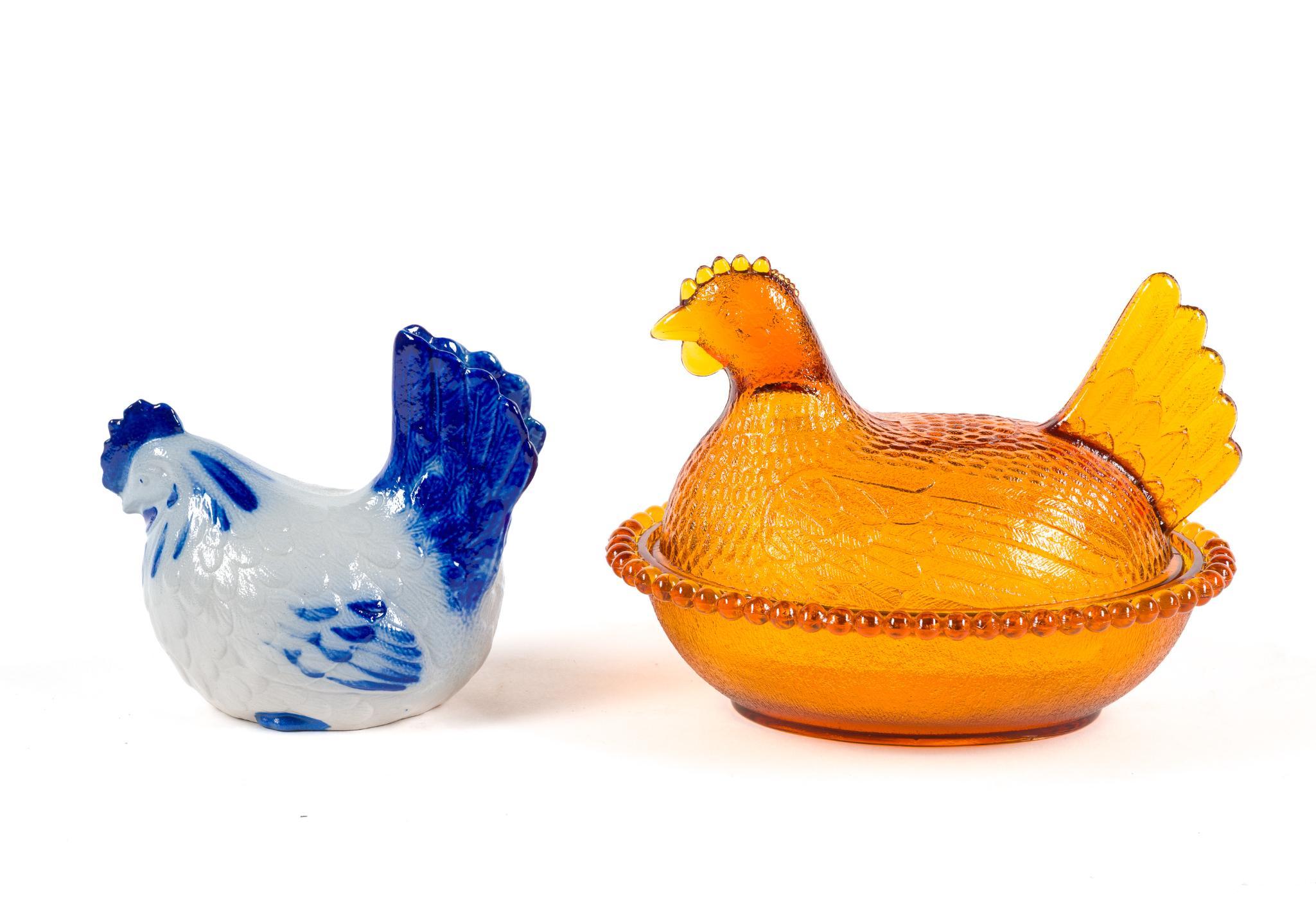 3 Hen-On-Nest & Signed Ceramic Chicken