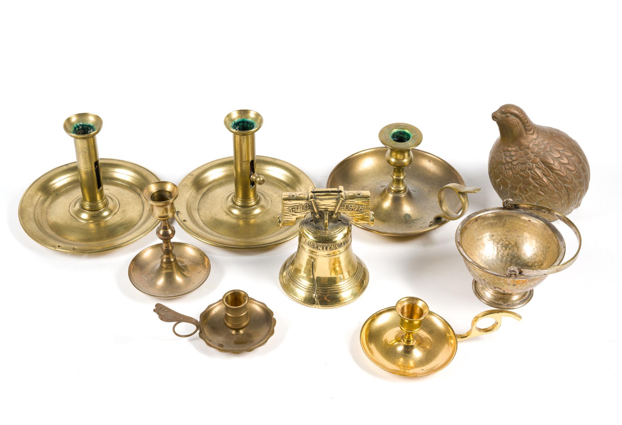 6 Brass Candlesticks, Cast Iron Bank & Copper Bird