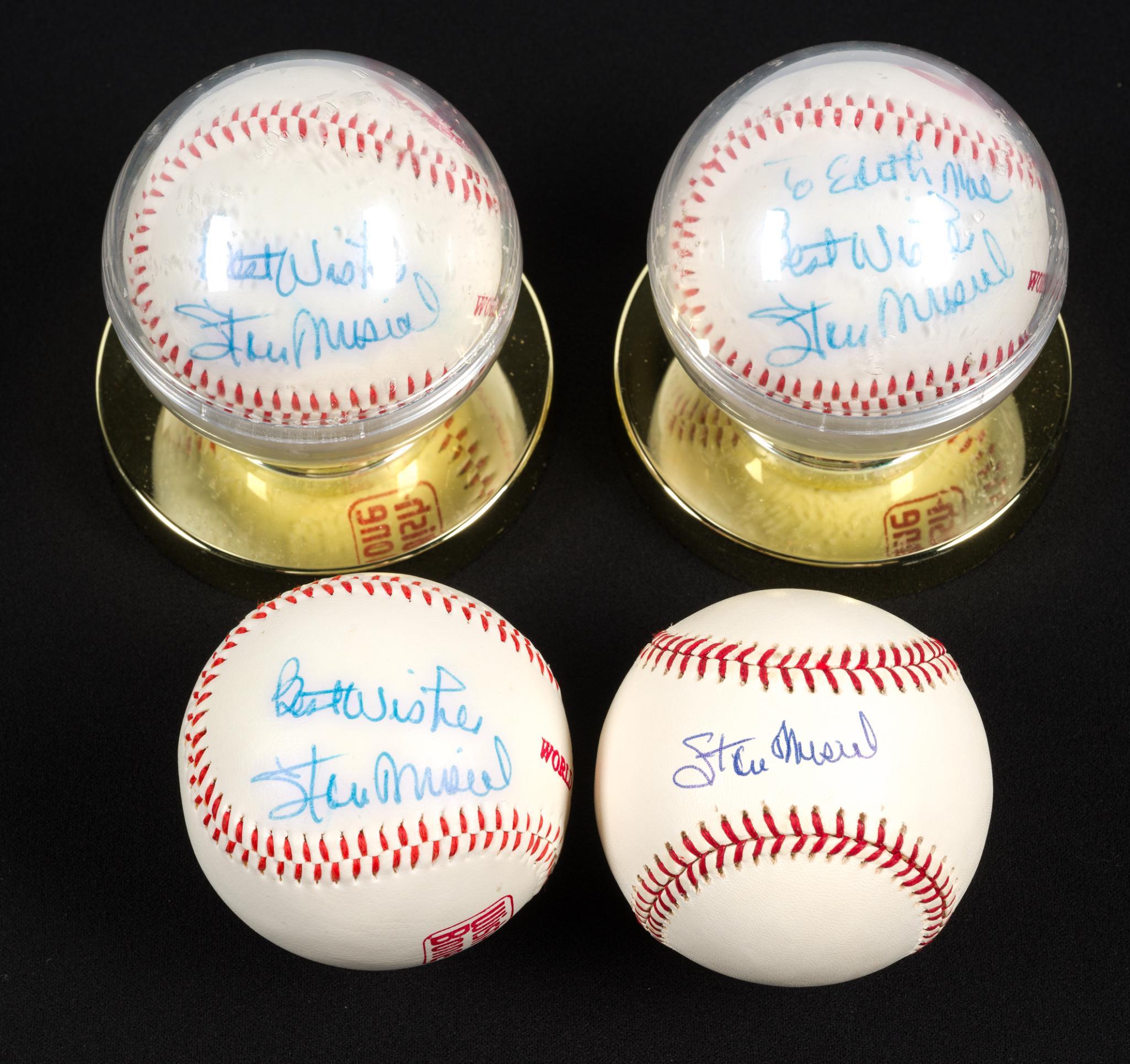 4 Signed Stan Musial Baseballs & Signed Poster