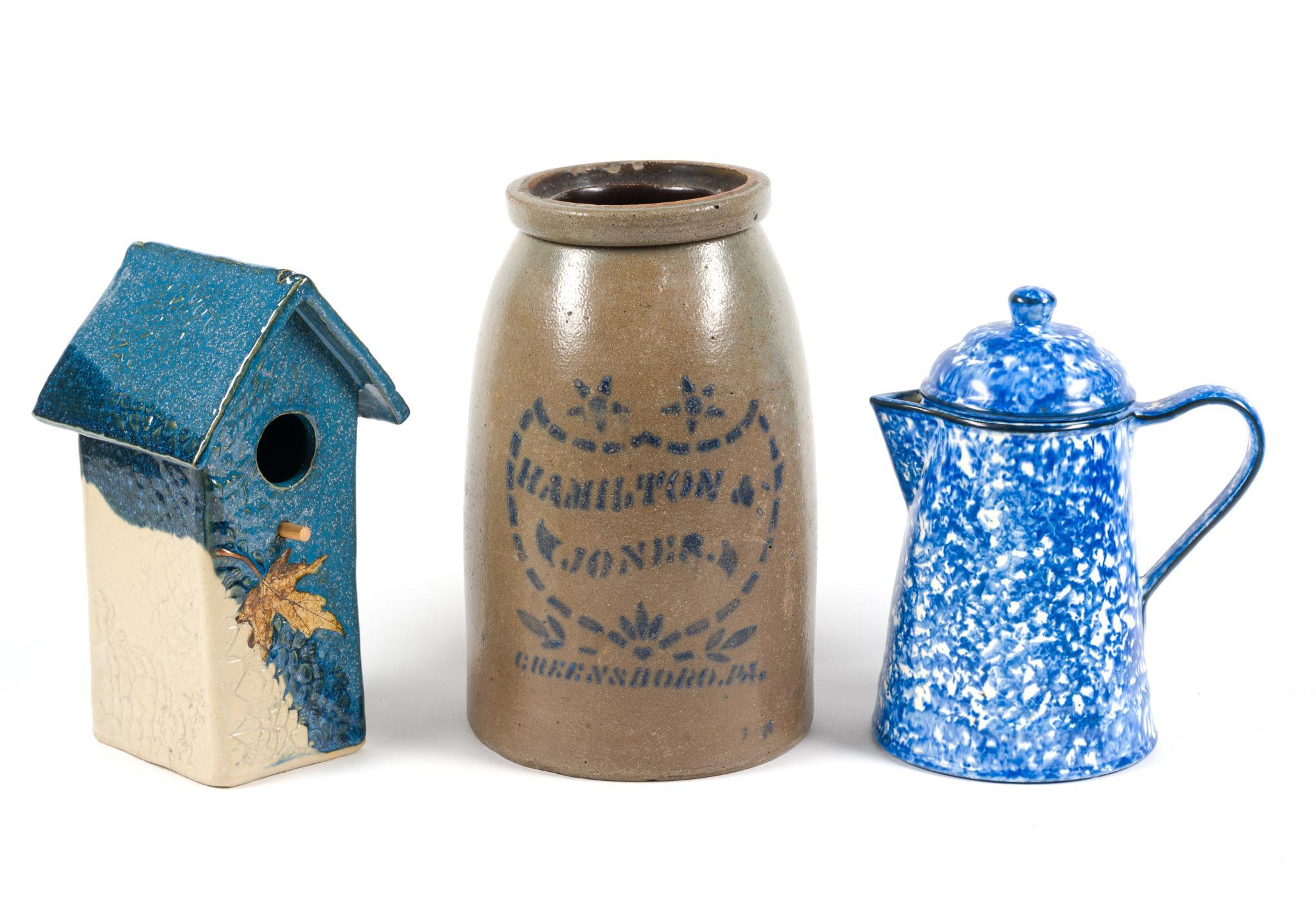 Antique Crock, Stangl Spongeware Pitcher & Art Pottery Bird Houses