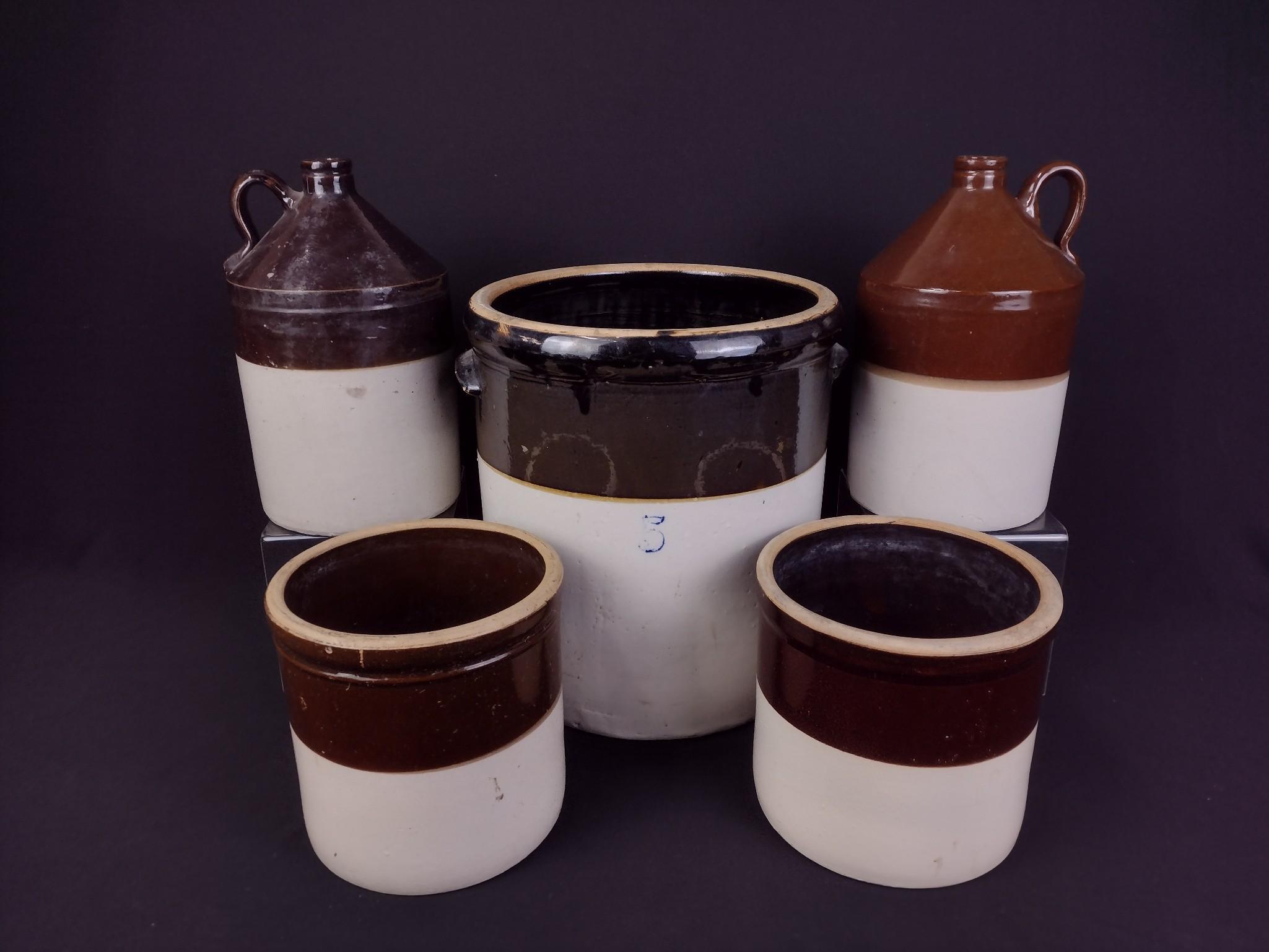 3 Stoneware Crocks & 2 Jugs