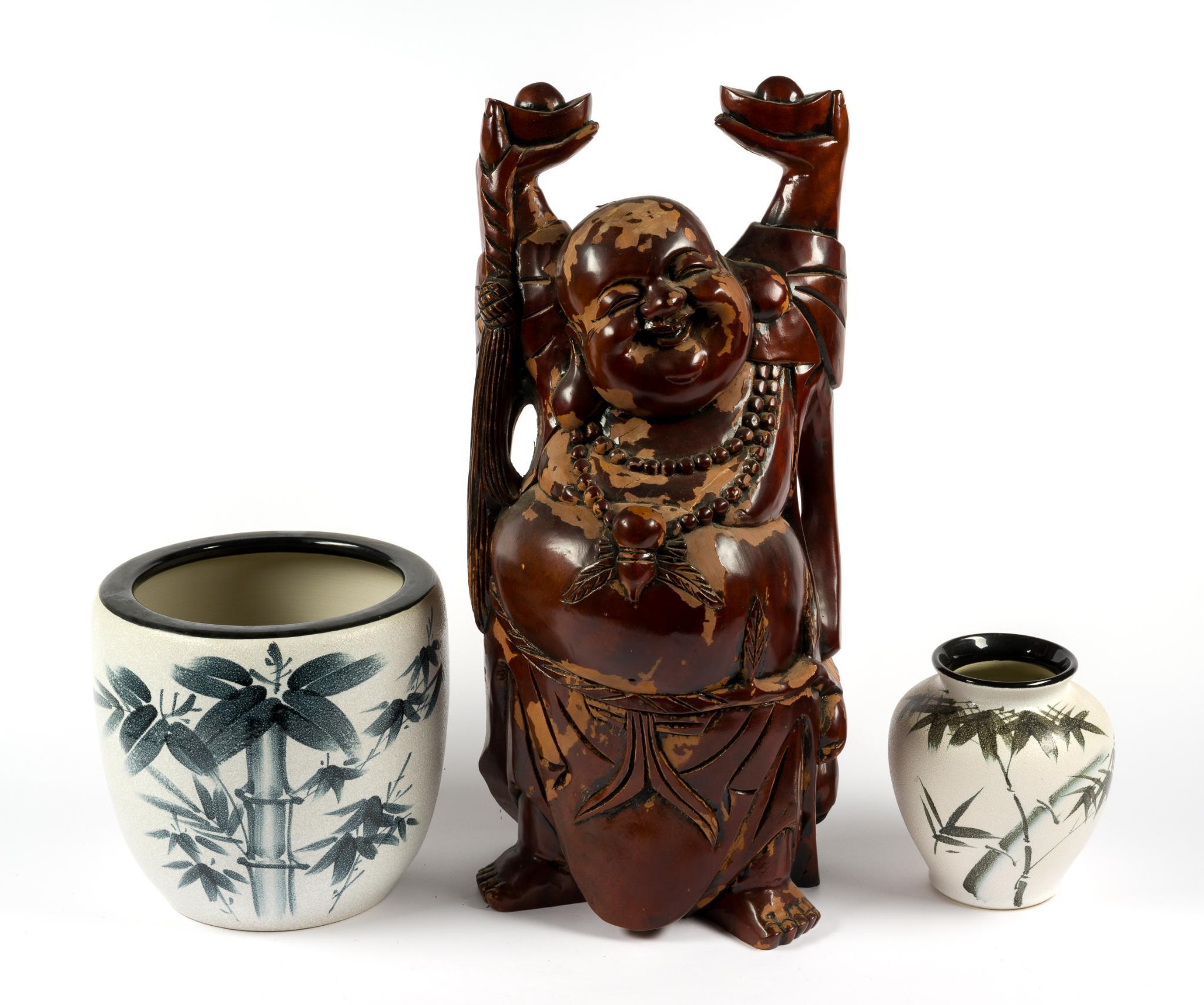 2 Modern Asian Stoneware Vases & Wooden Buddha