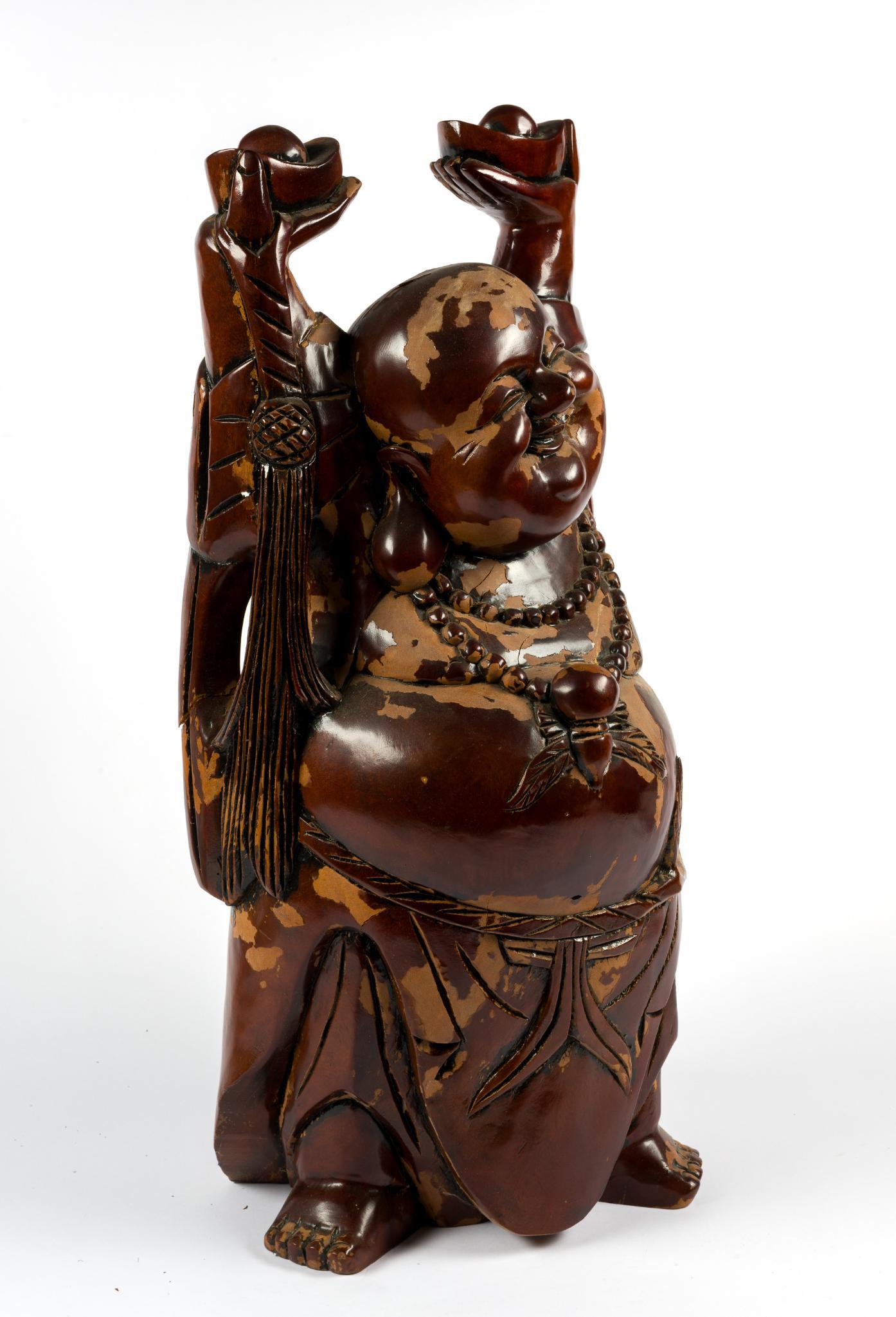 2 Modern Asian Stoneware Vases & Wooden Buddha