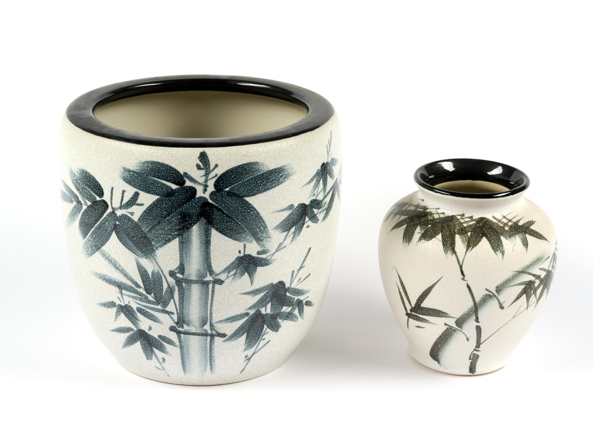 2 Modern Asian Stoneware Vases & Wooden Buddha