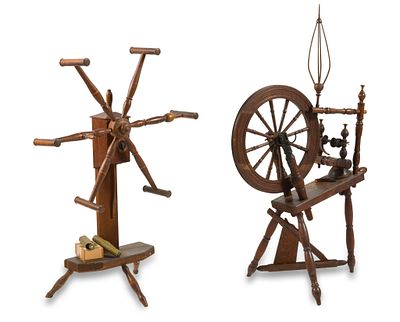 19th C Saxony Wheel and Yarn Winder. A very fine early 19th century Saxony wool spinning wheel 