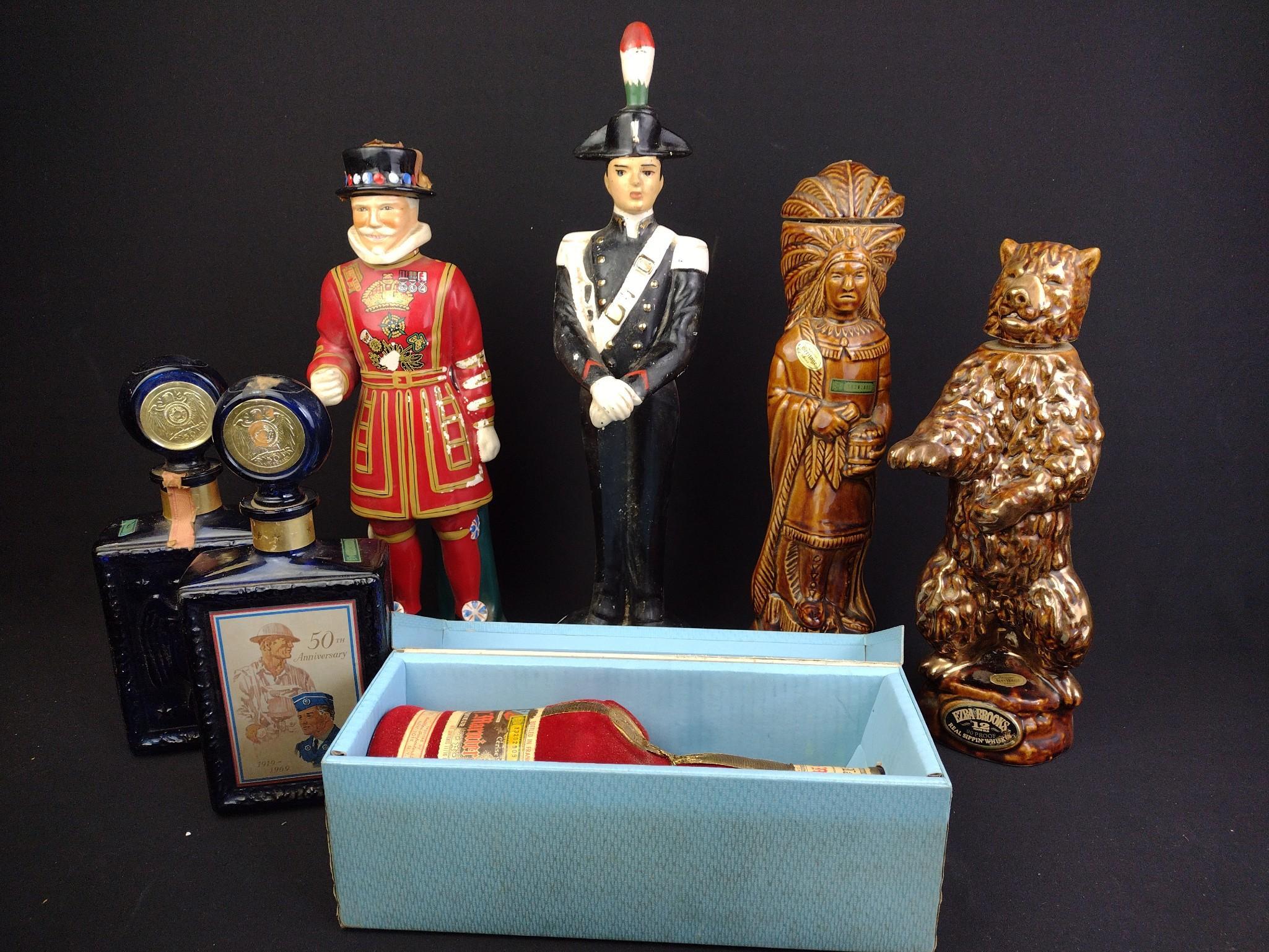 7 Whiskey Decanters Incl. Beefeater & Ezra Brooks