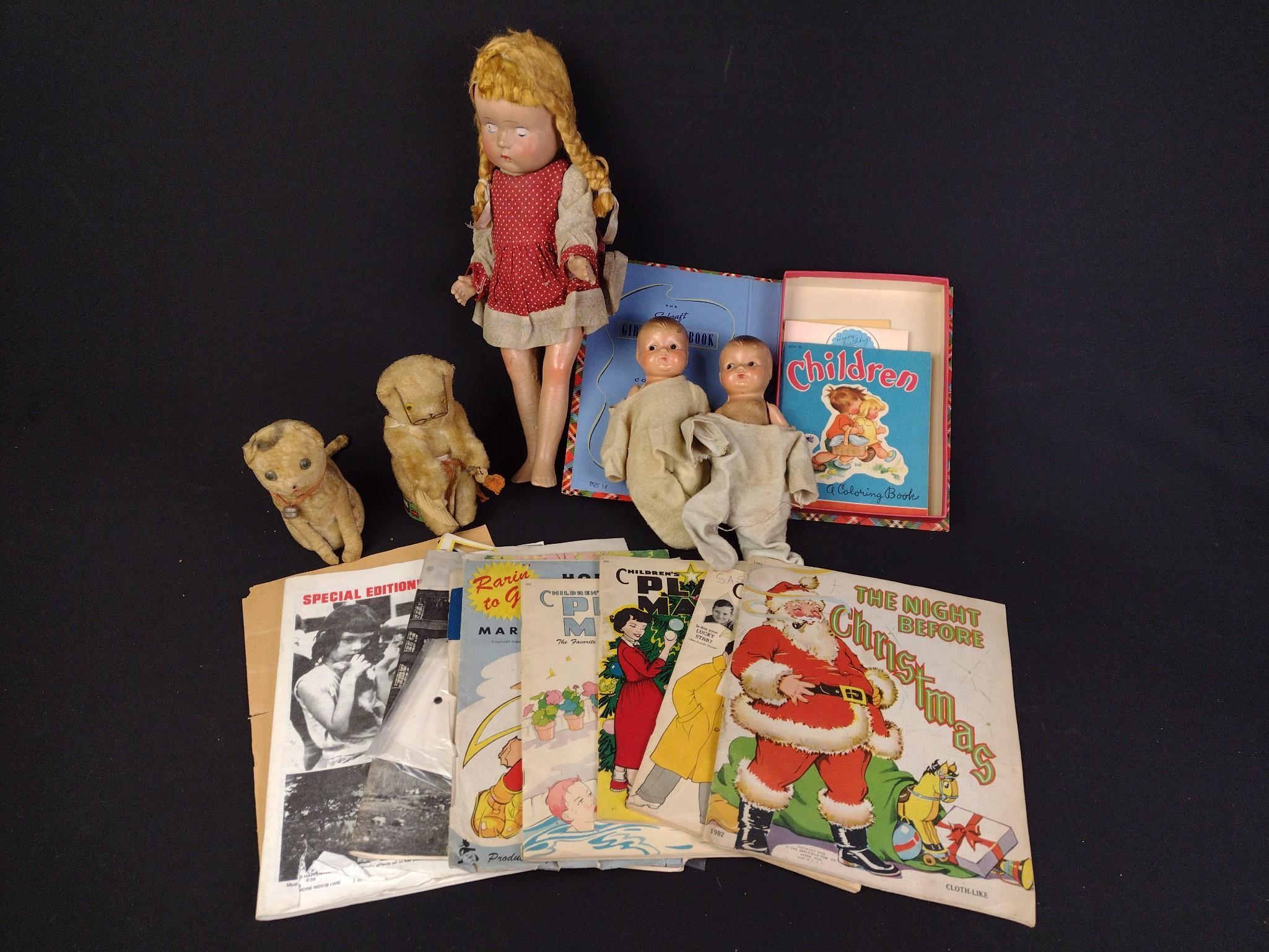 3 Antique Dolls, 2 Cat Toys & Childrens Ephemera