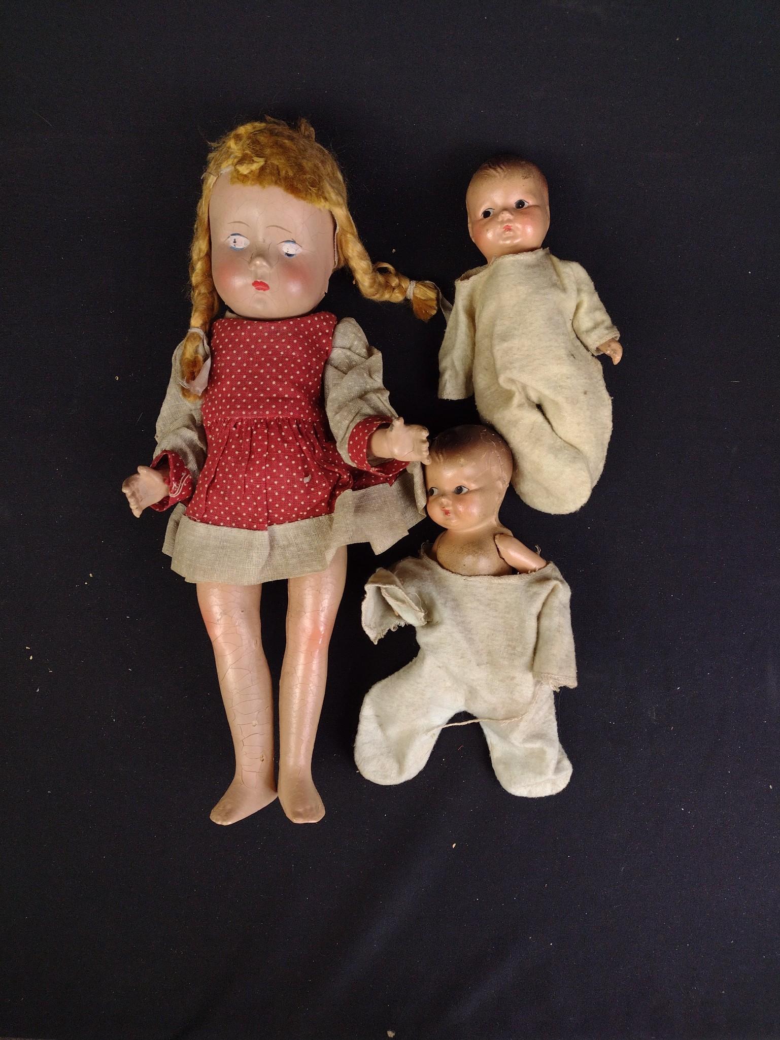 3 Antique Dolls, 2 Cat Toys & Childrens Ephemera