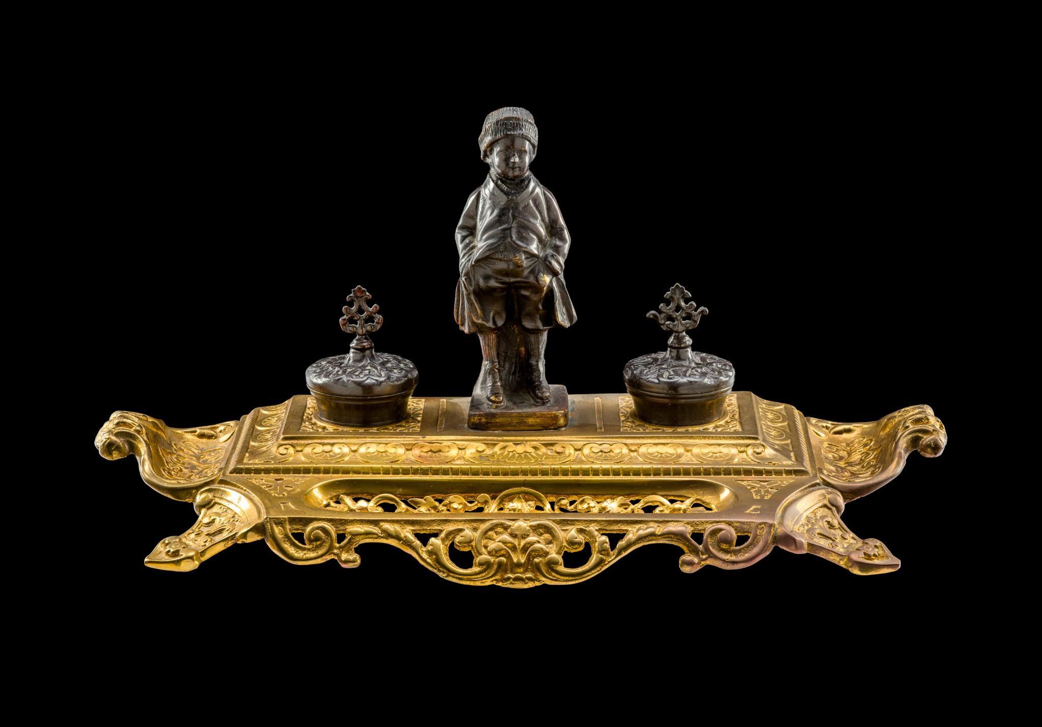 Maitland-Smith Brass Double Inkwell Desk Set