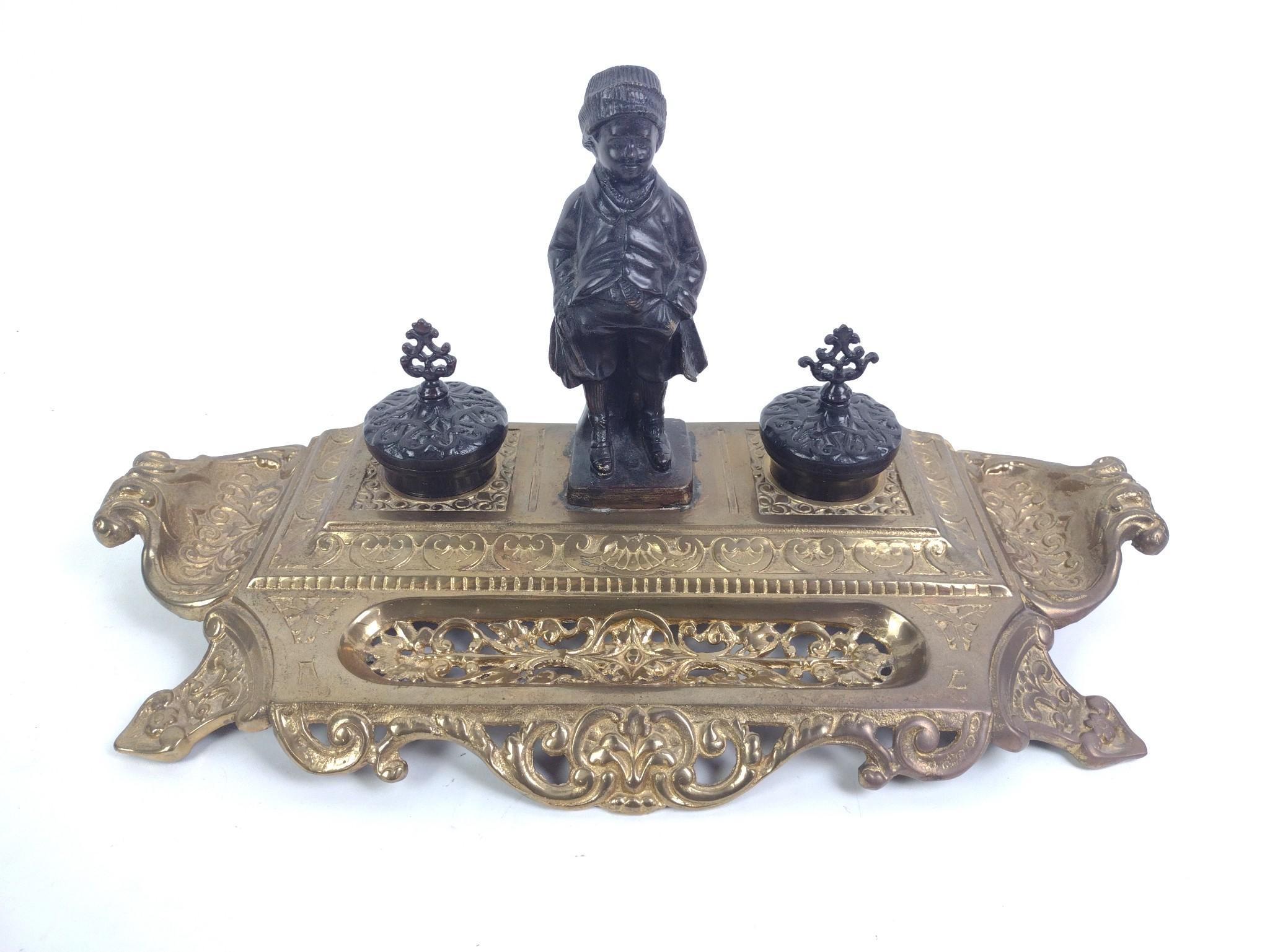 Maitland-Smith Brass Double Inkwell Desk Set