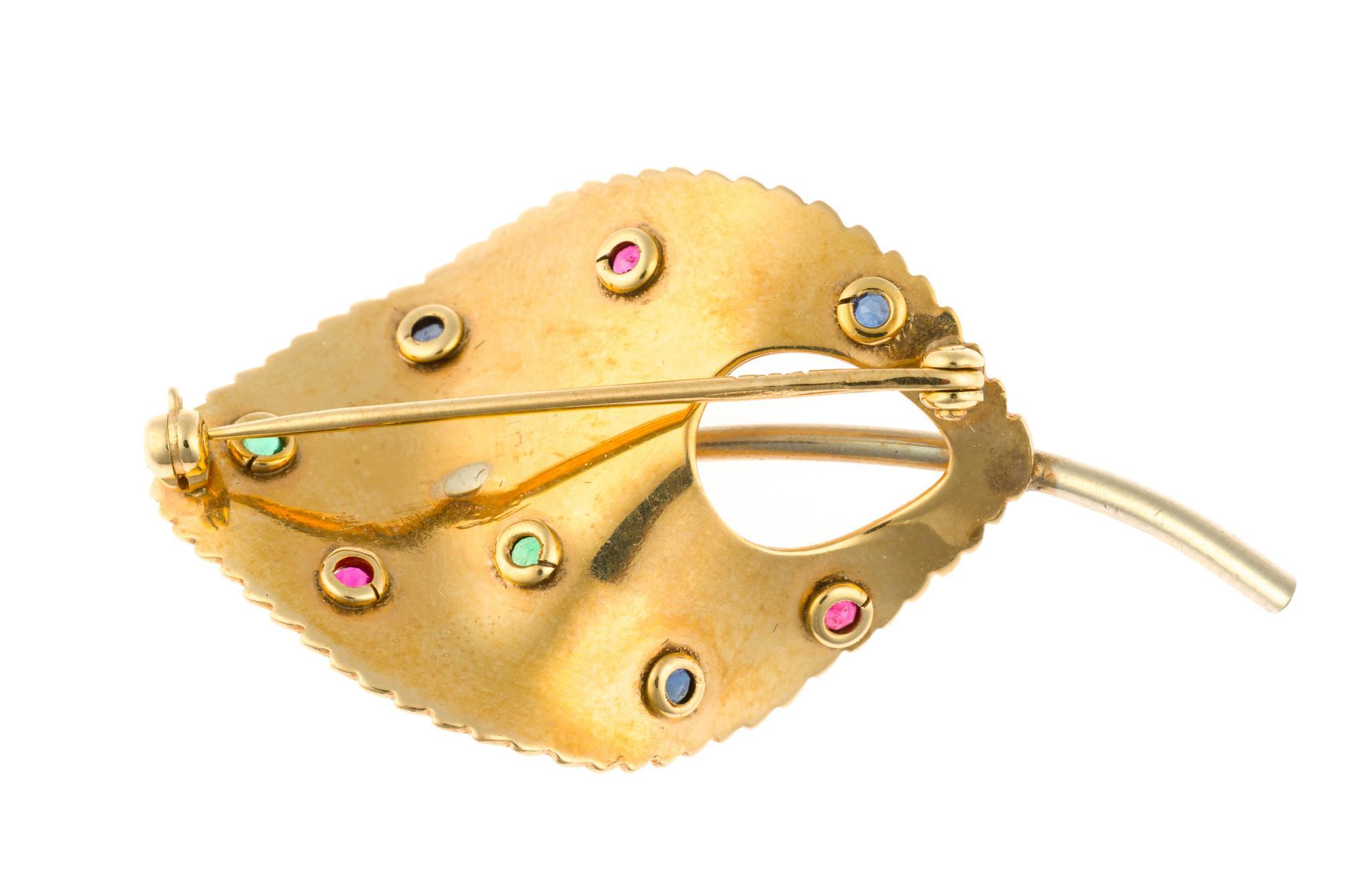 14K Gold and Gemstone Leaf Brooch