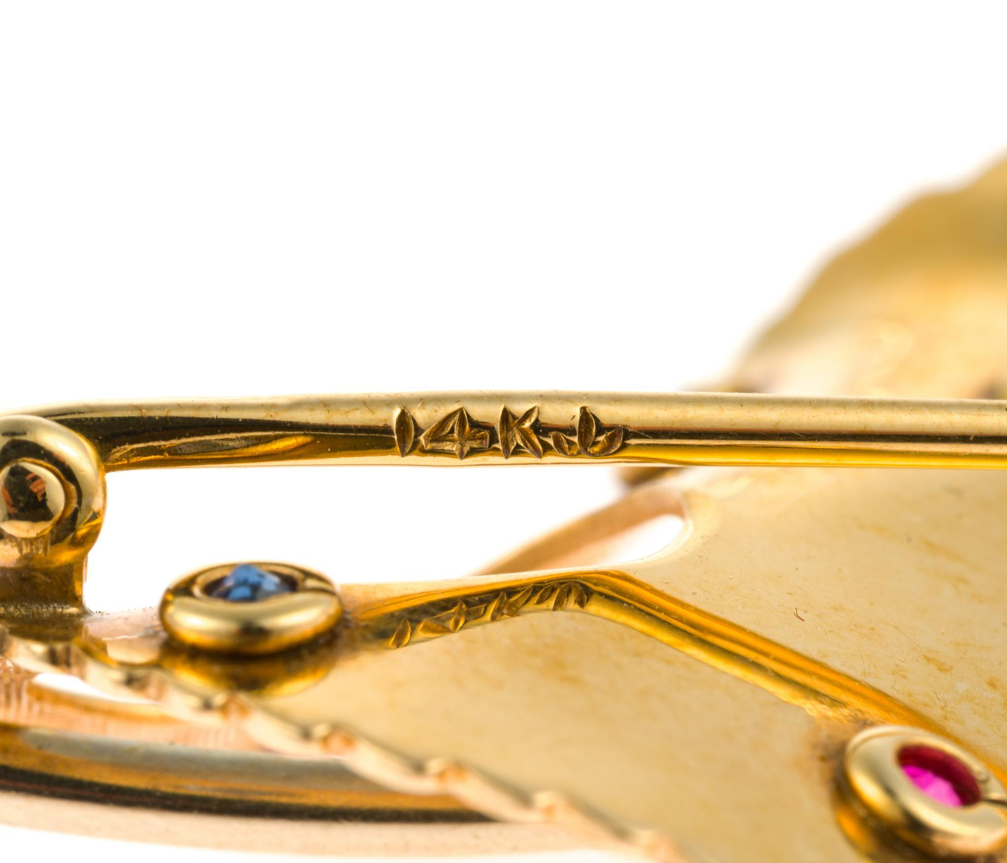 14K Gold and Gemstone Leaf Brooch