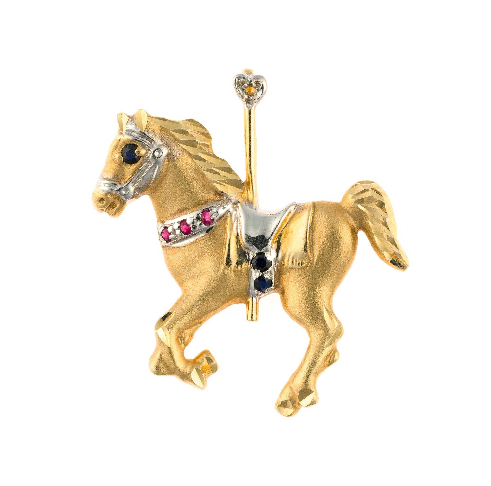 14K Gold and Gemstone Carousel Horse Brooch