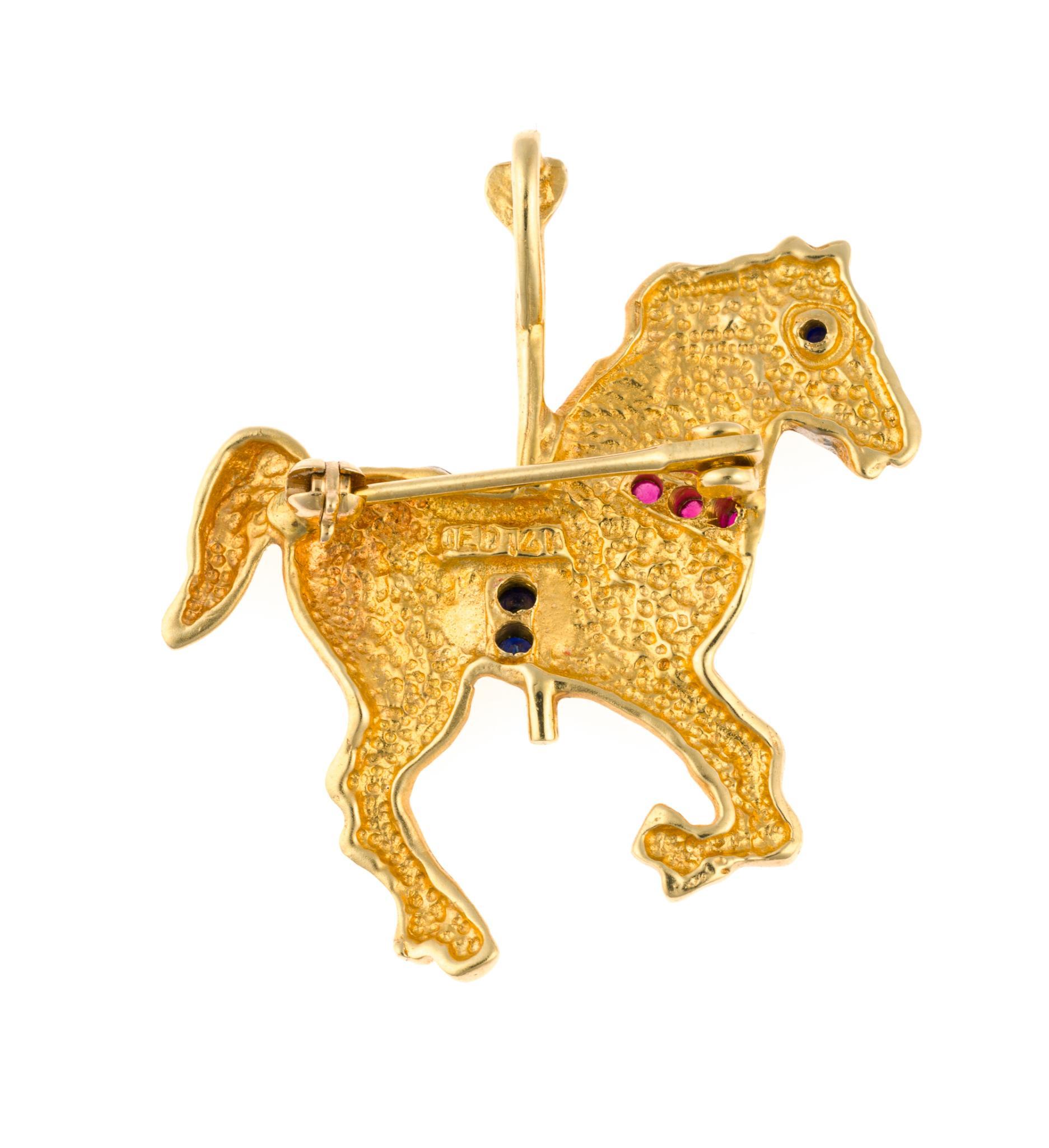 14K Gold and Gemstone Carousel Horse Brooch