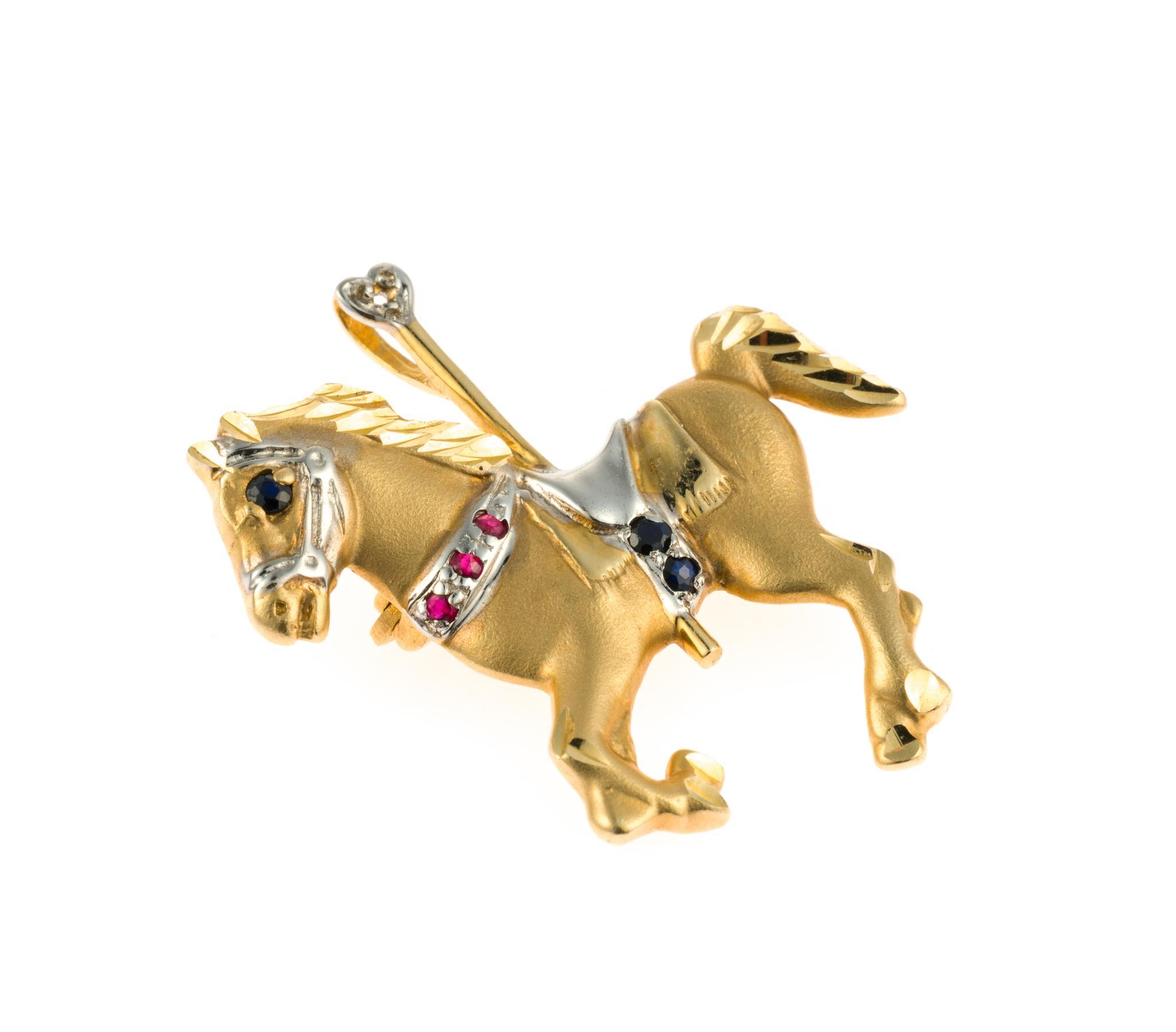 14K Gold and Gemstone Carousel Horse Brooch