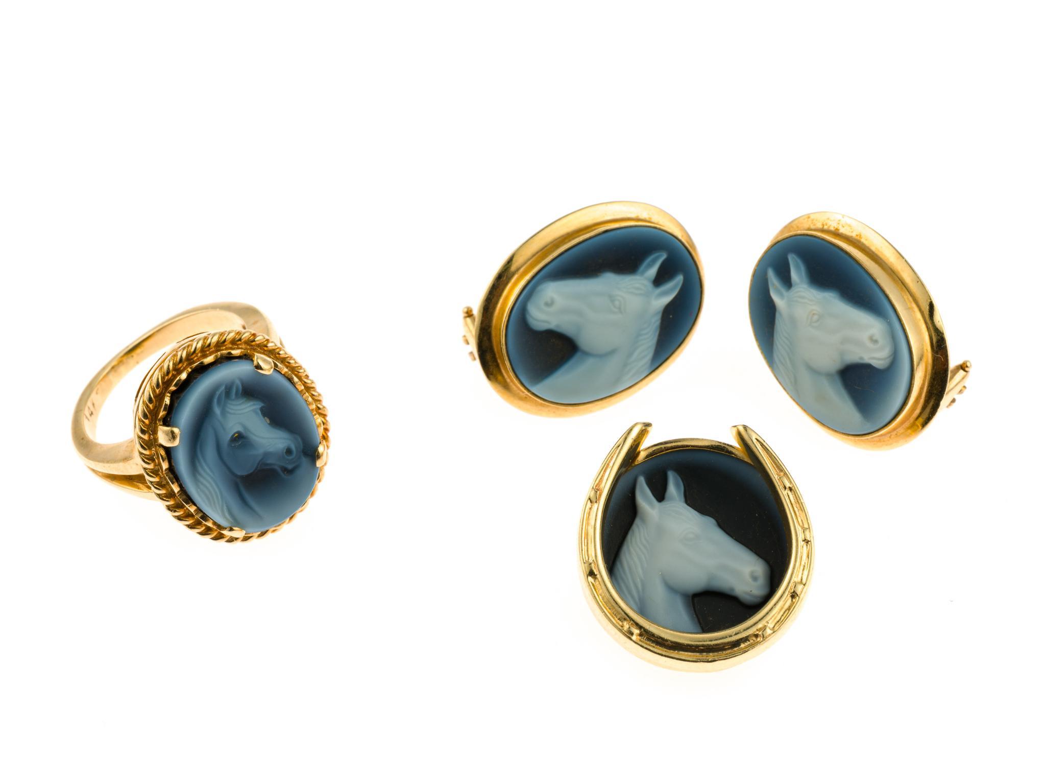 14K Gold and Blue Agate Cameo Equestrian Jewelry Set