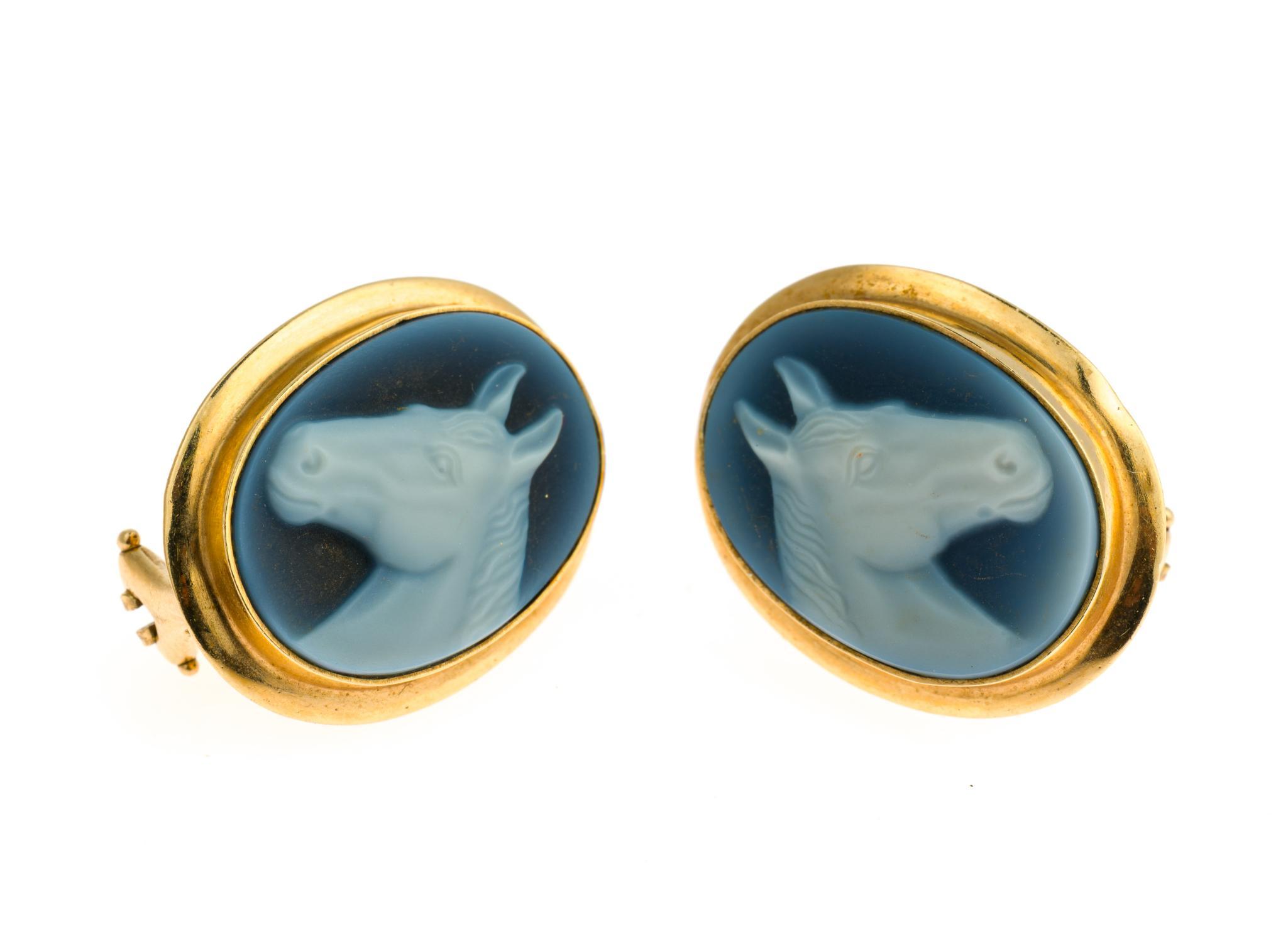 14K Gold and Blue Agate Cameo Equestrian Jewelry Set