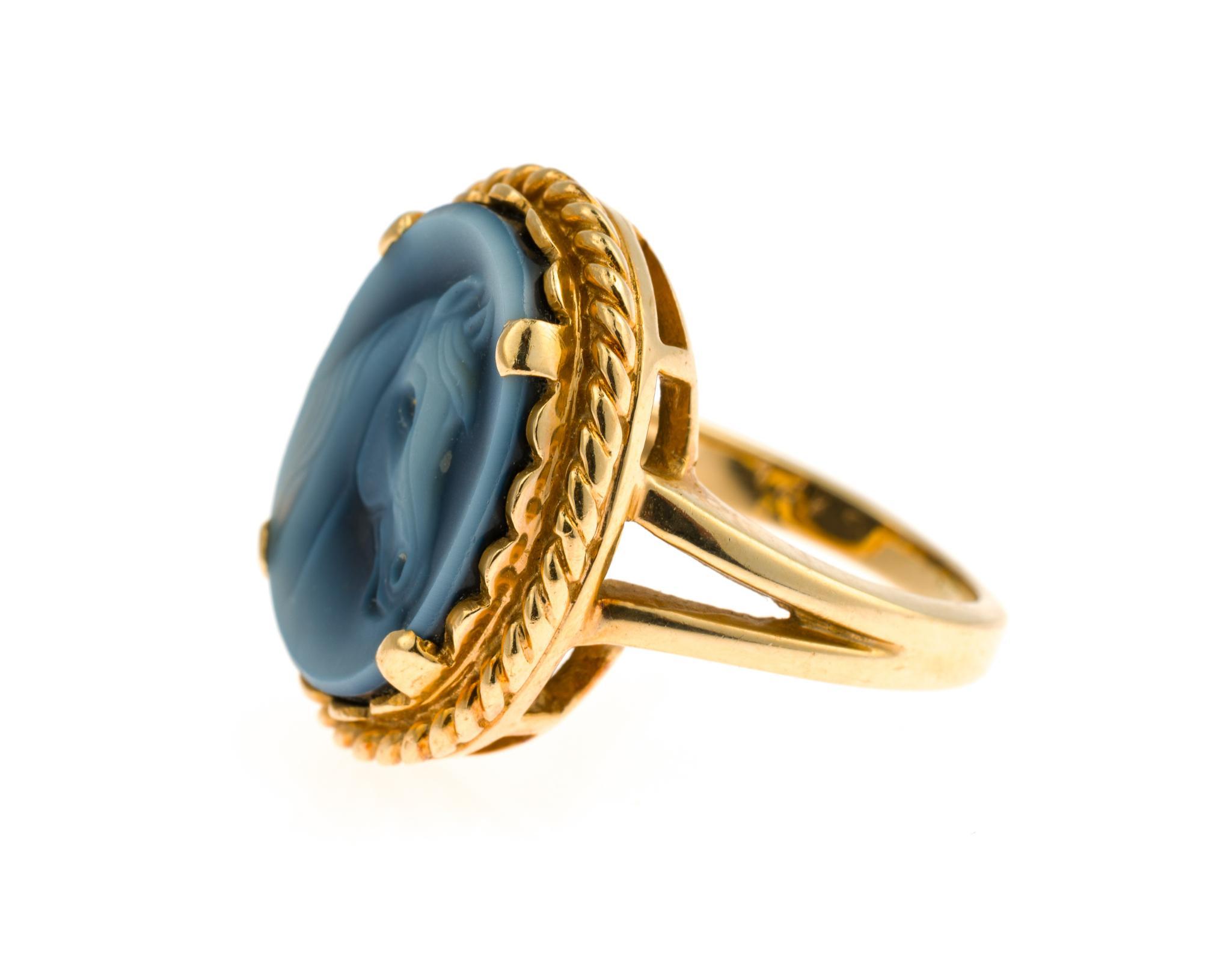 14K Gold and Blue Agate Cameo Equestrian Jewelry Set