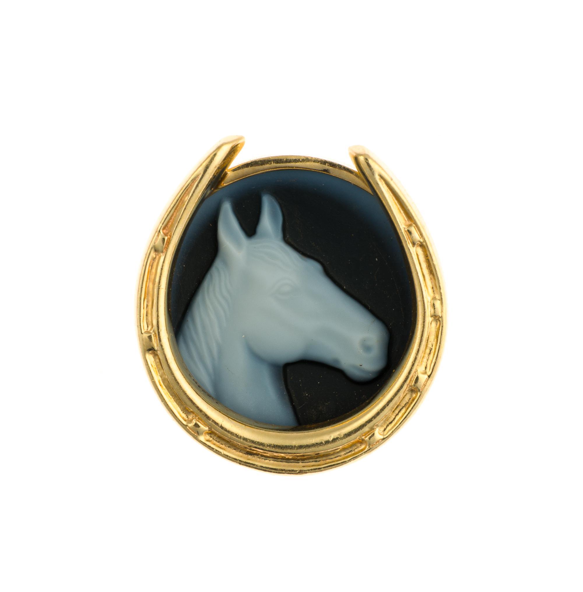 14K Gold and Blue Agate Cameo Equestrian Jewelry Set