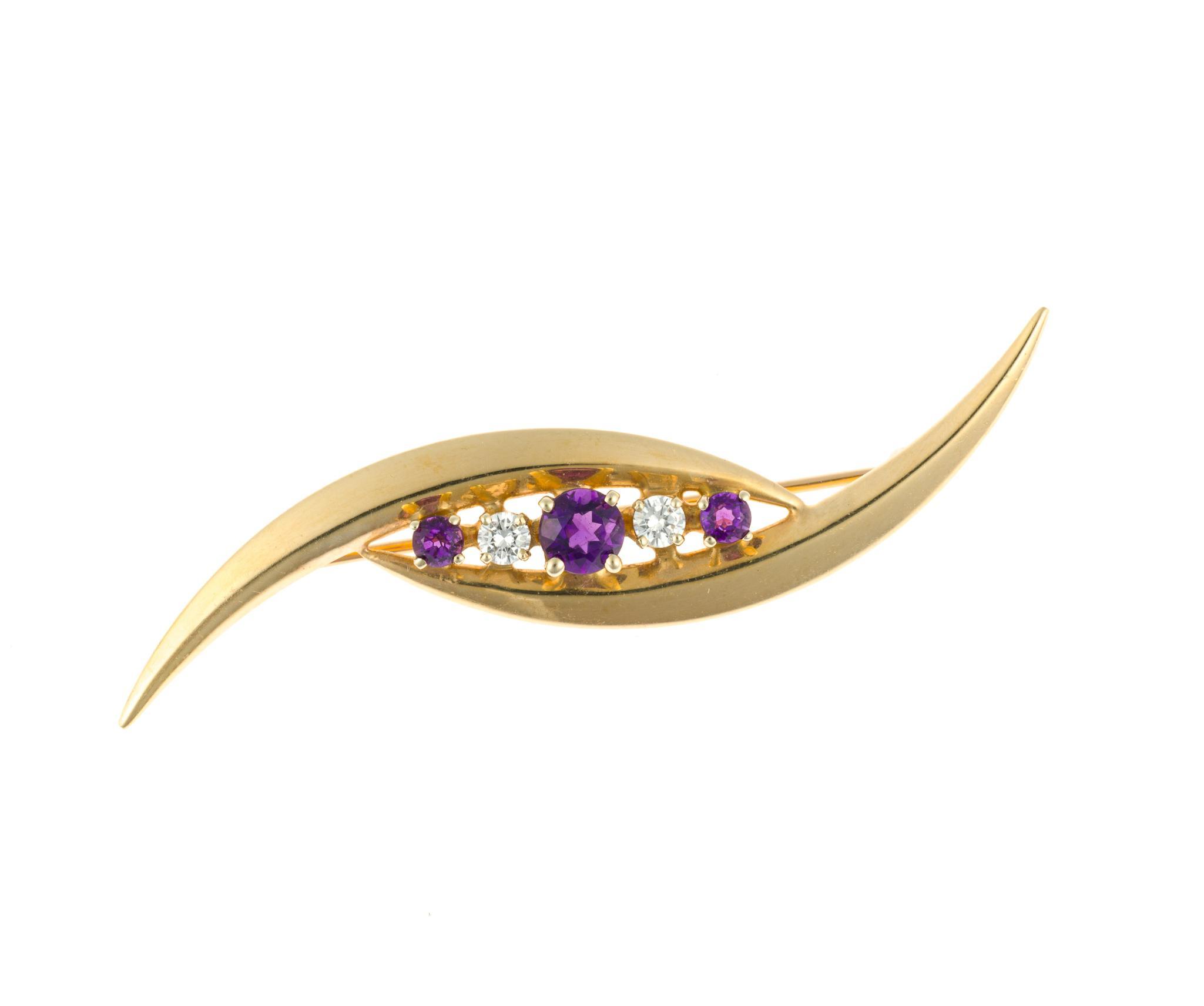 14K Gold, Amethyst, and Diamond Brooch