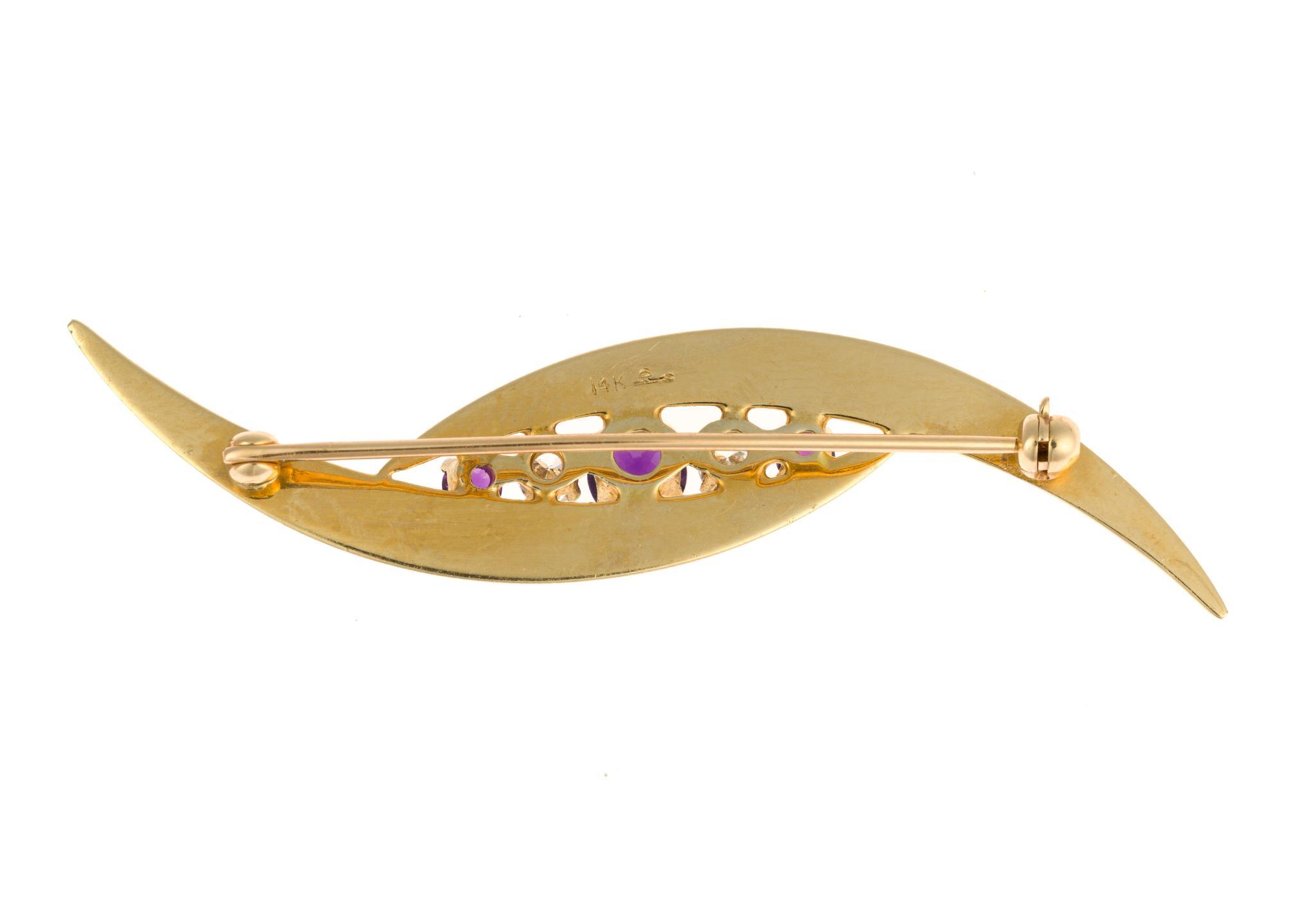 14K Gold, Amethyst, and Diamond Brooch