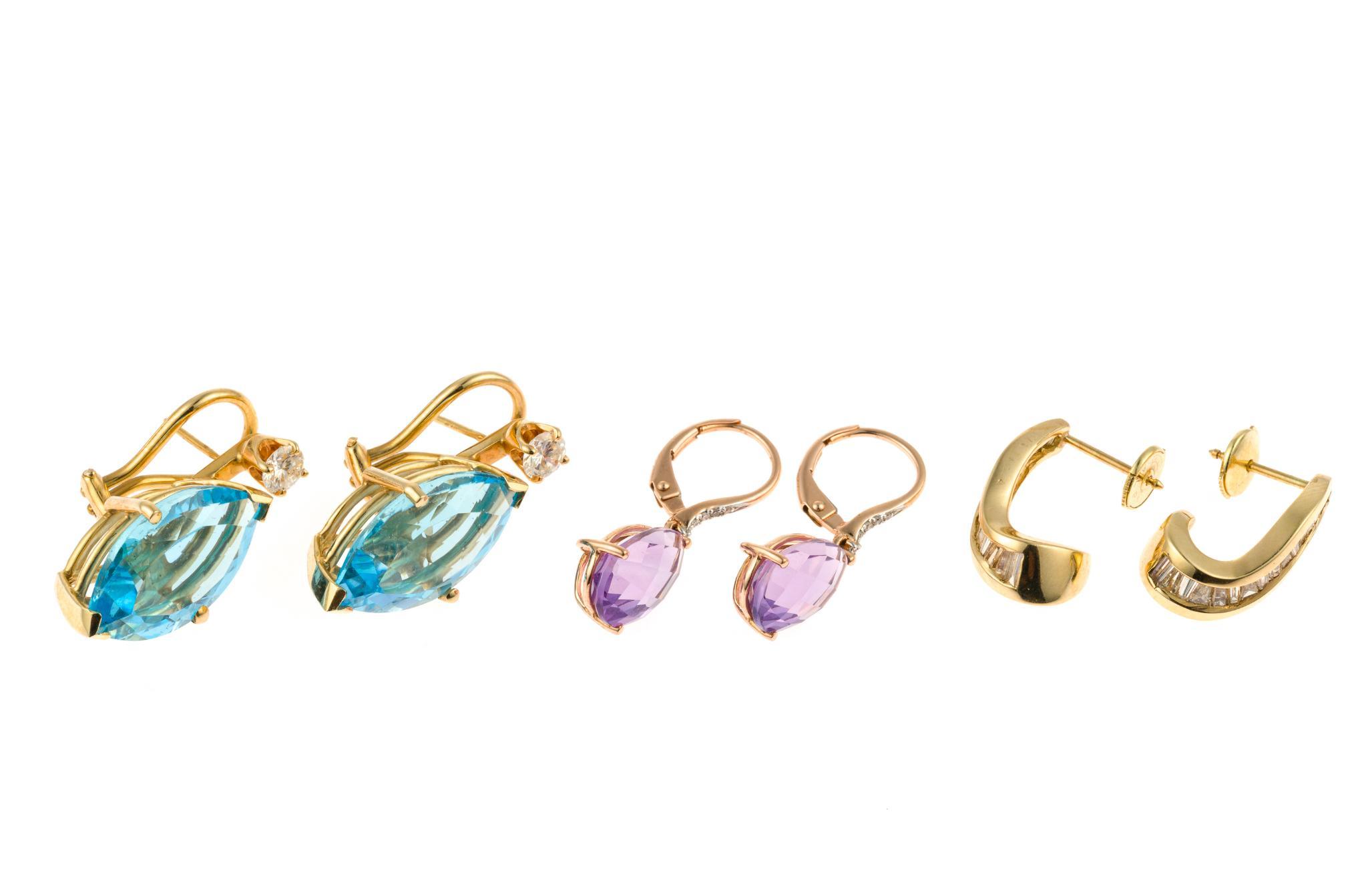 3 Pairs of 14K Gold and Gemstone Earrings