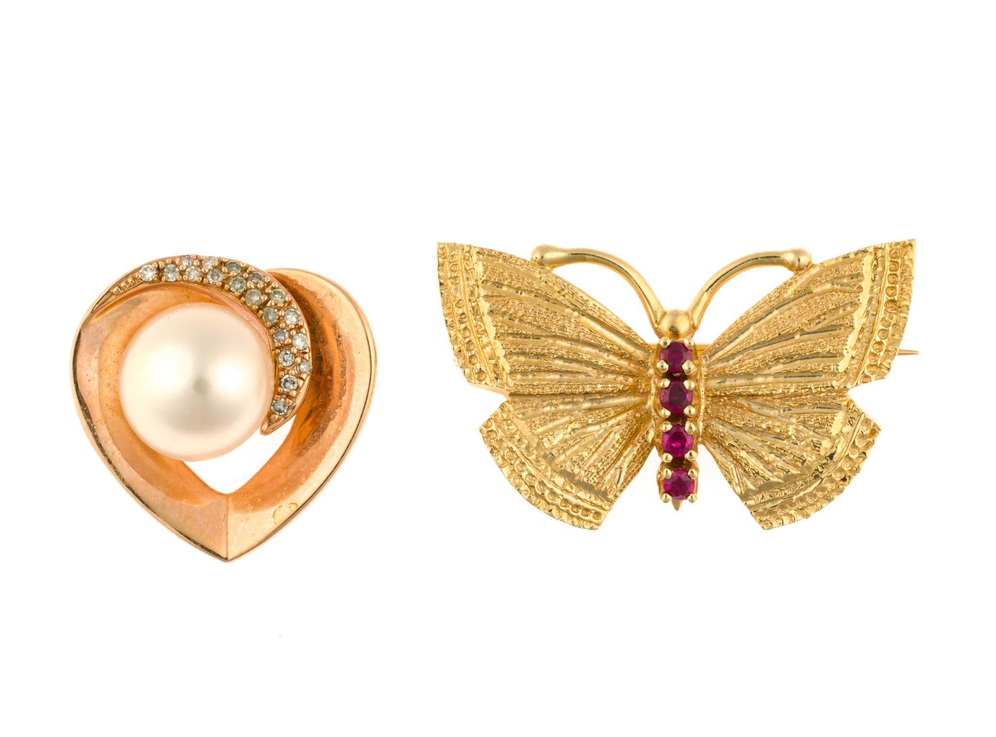 14K Gold Heart Pendant and Butterfly Brooch