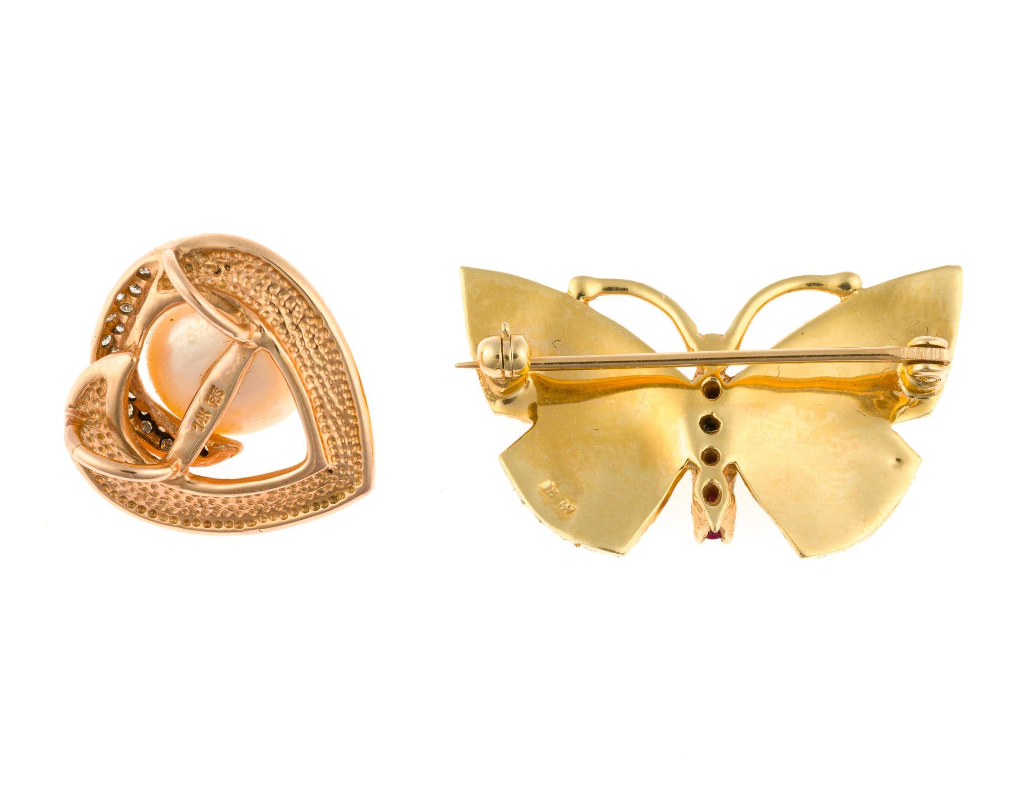 14K Gold Heart Pendant and Butterfly Brooch