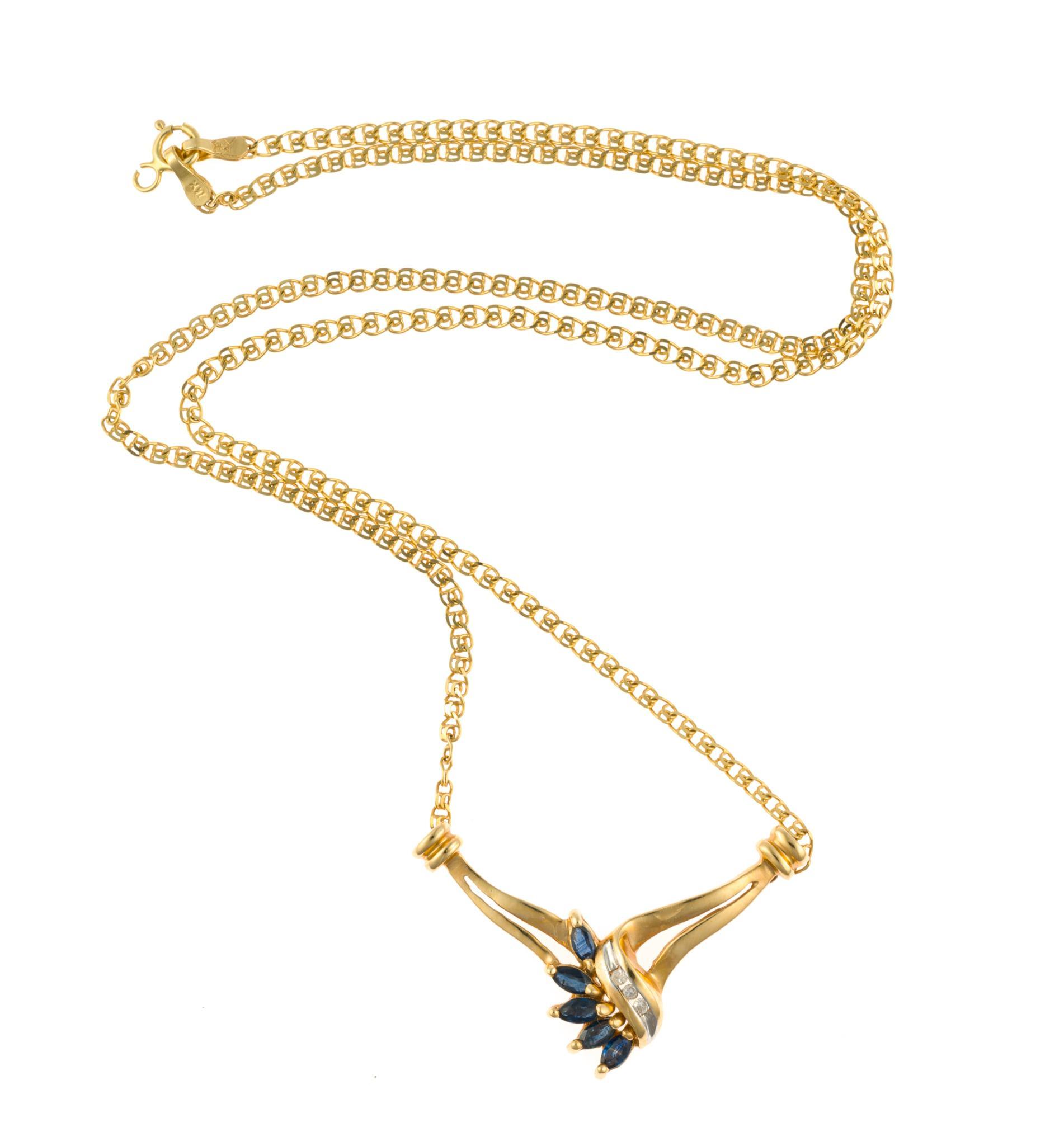 14K Gold, Sapphire, and Diamond Pendant Necklace