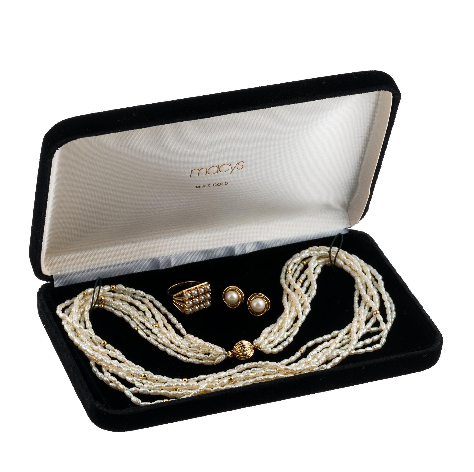 14K Gold and Pearl Necklace, Ring, and Earrings