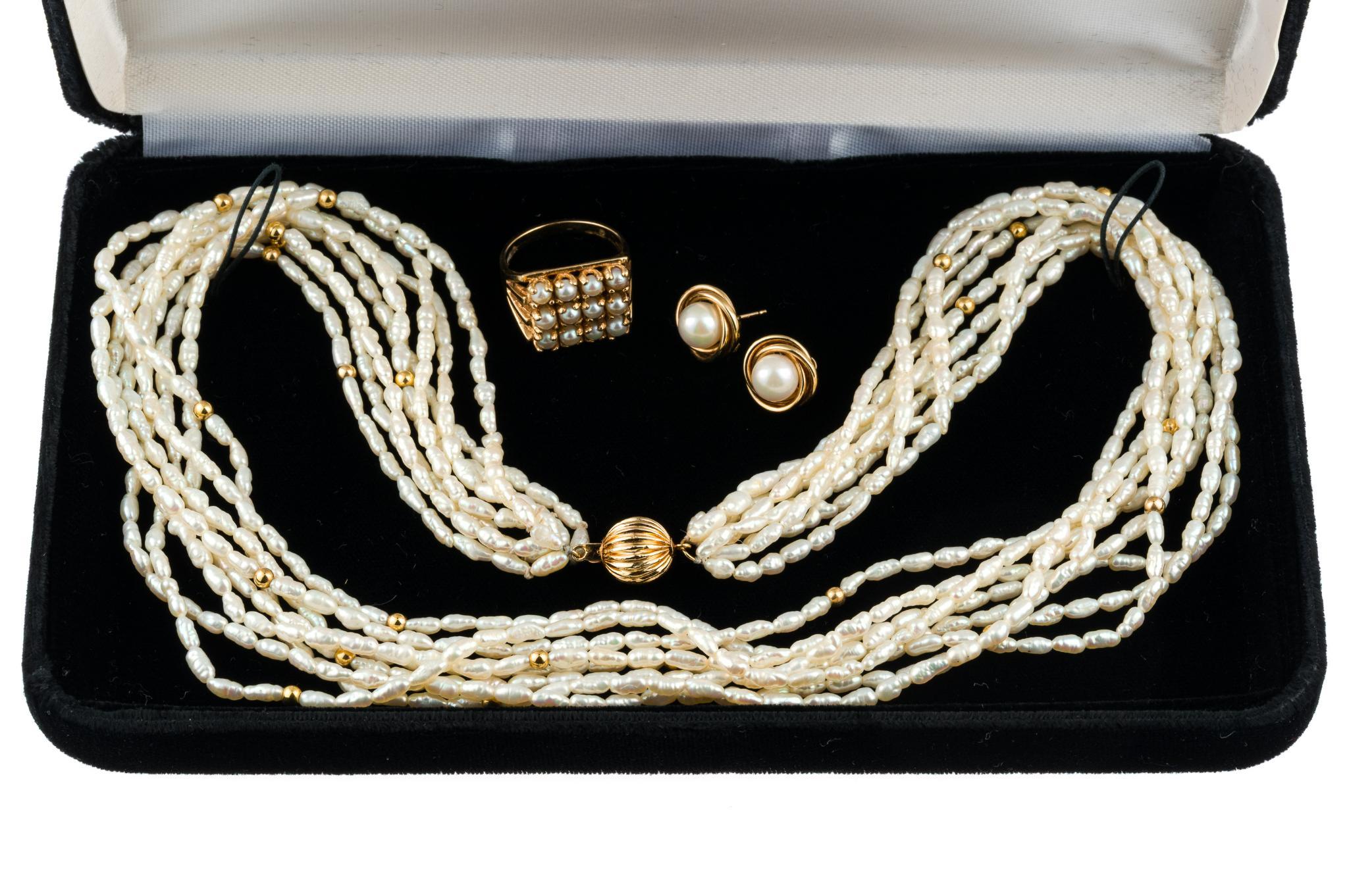 14K Gold and Pearl Necklace, Ring, and Earrings