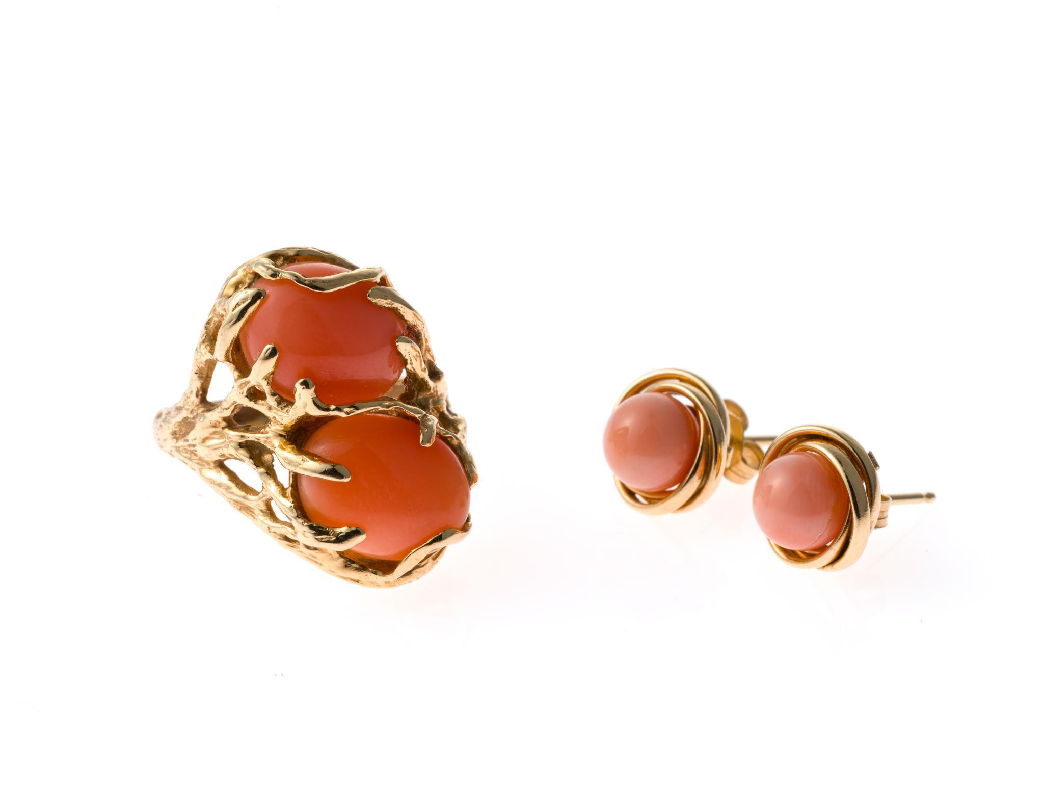 14K Gold and Coral Ring and Earrings