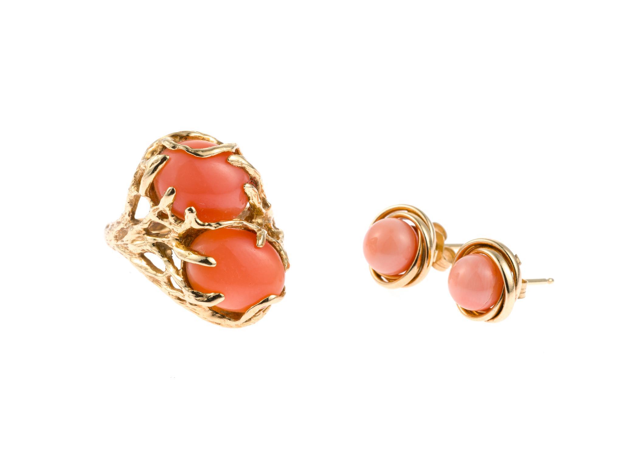 14K Gold and Coral Ring and Earrings