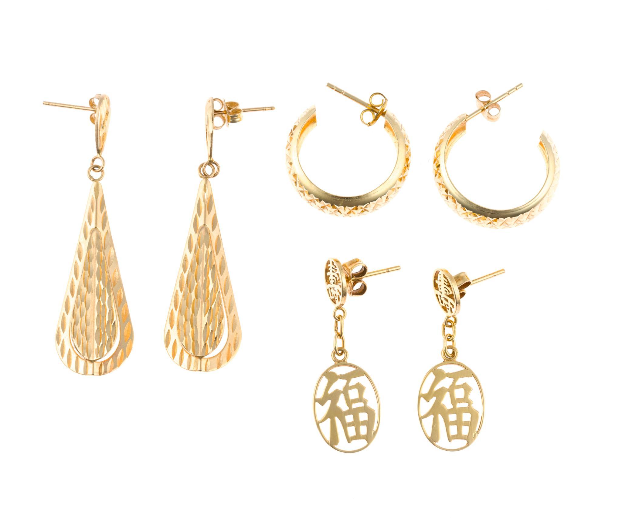 3 Pairs of 14K Gold Earrings